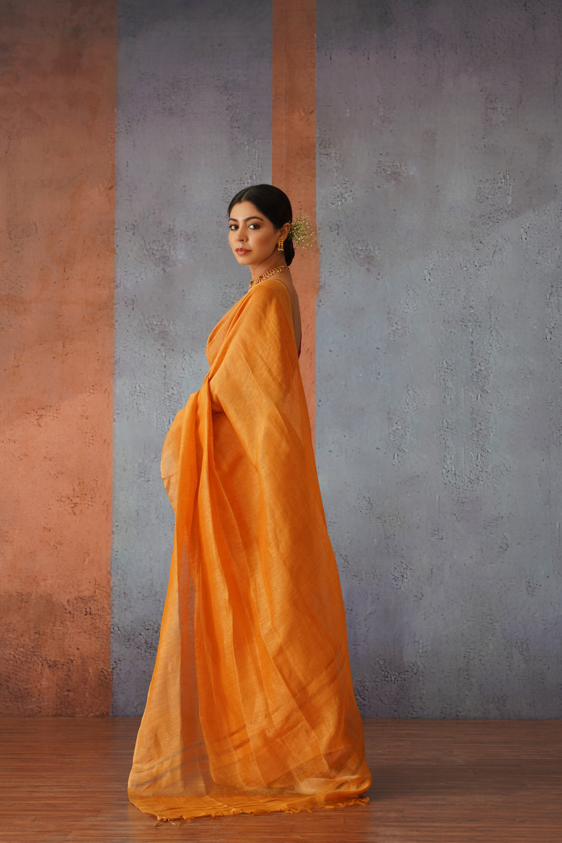 Rust Orange Linen Silk Sari with Golden Zari
