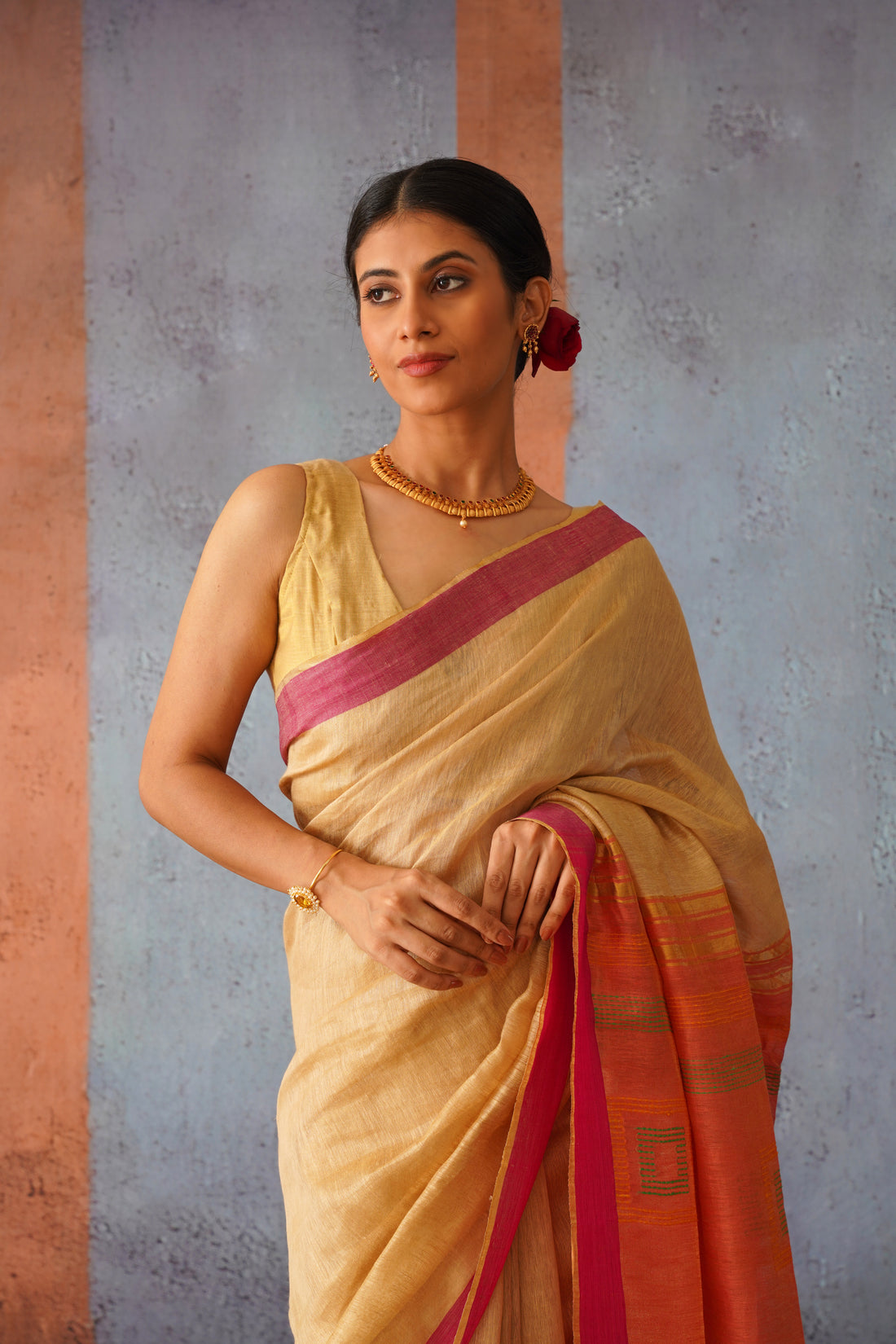 Beige & Pink Woven Linen Silk Sari with Striking Gold Zari