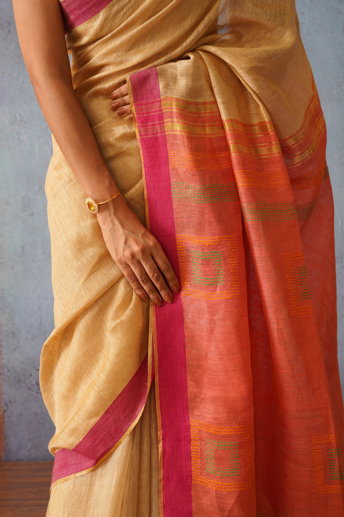 Beige & Pink Woven Linen Silk Sari with Striking Gold Zari