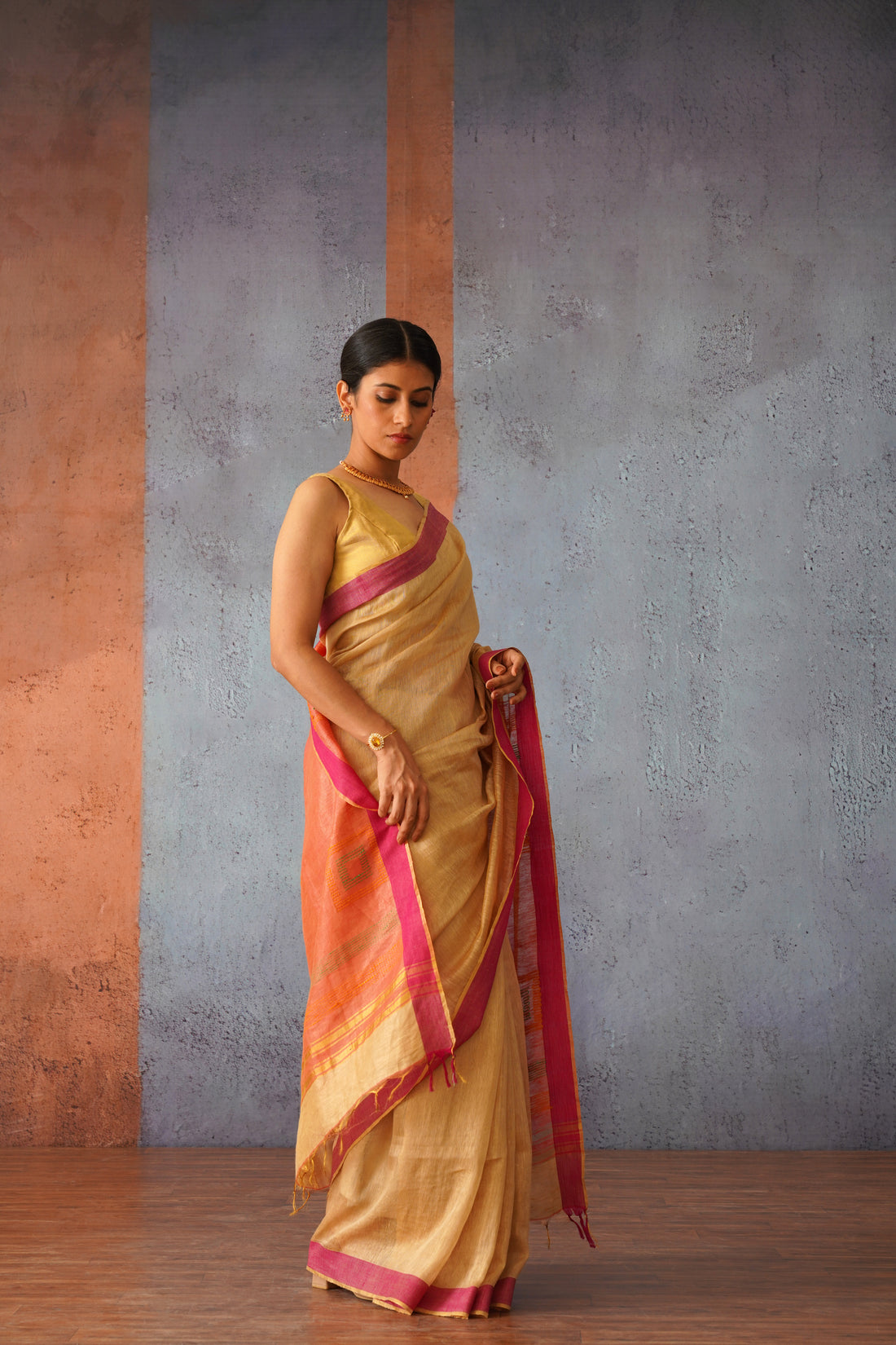 Beige & Pink Woven Linen Silk Sari with Striking Gold Zari
