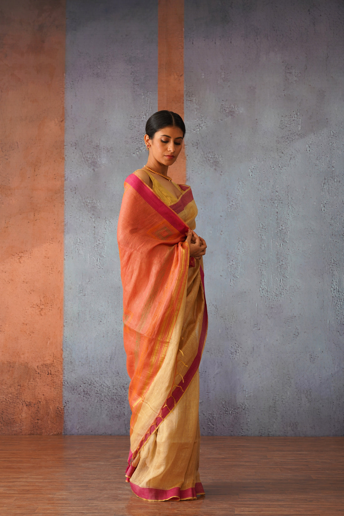 Beige & Pink Woven Linen Silk Sari with Striking Gold Zari