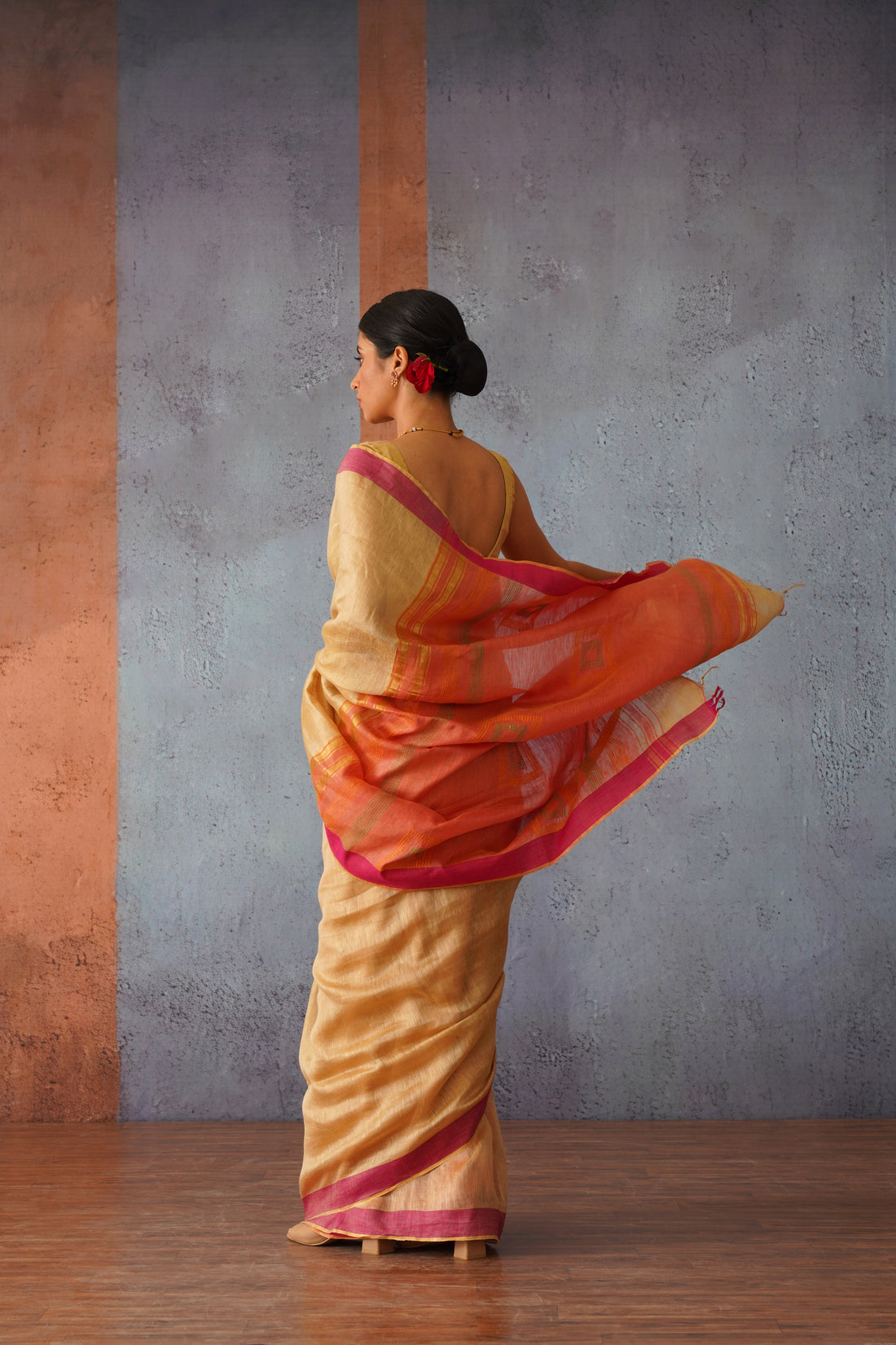 Beige & Pink Woven Linen Silk Sari with Striking Gold Zari