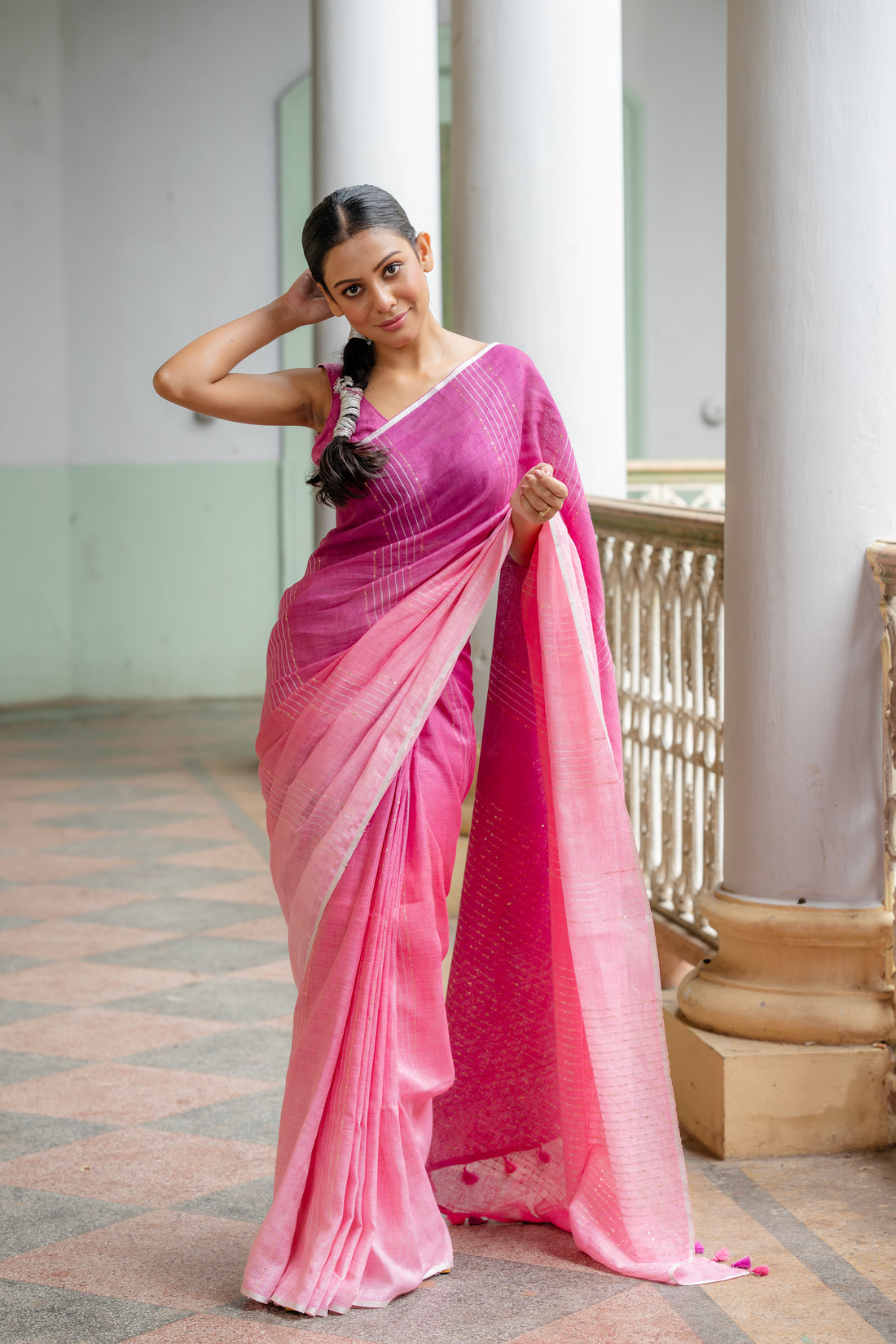 Pink Empress Ombre Linen Sari
