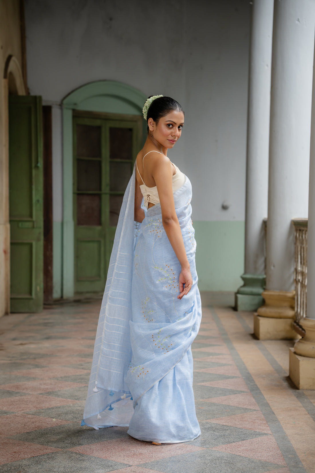 Celestial Beauty Powder Blue Embroidered Linen Sari
