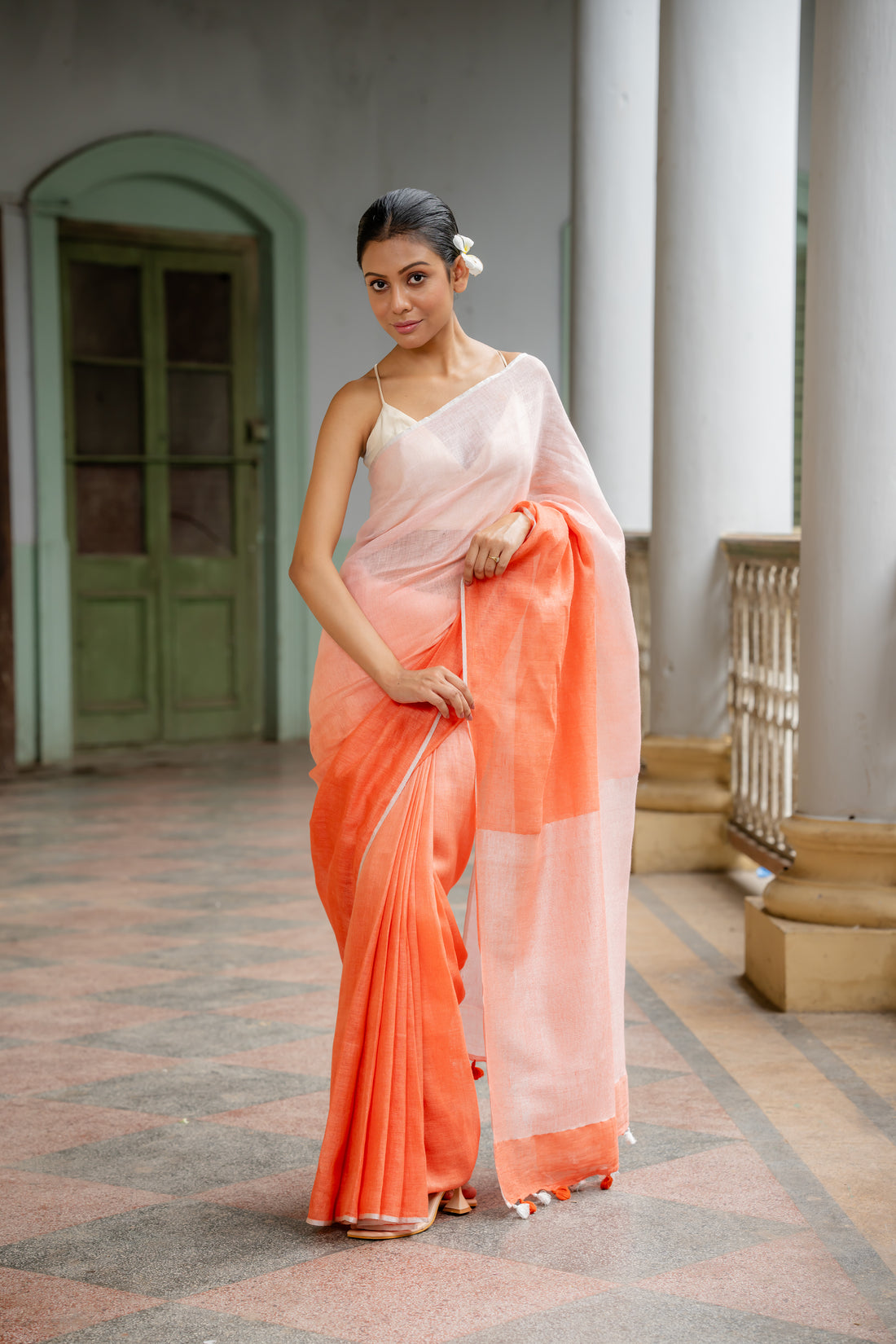 Saffron Sunshine Ombre Linen Sari