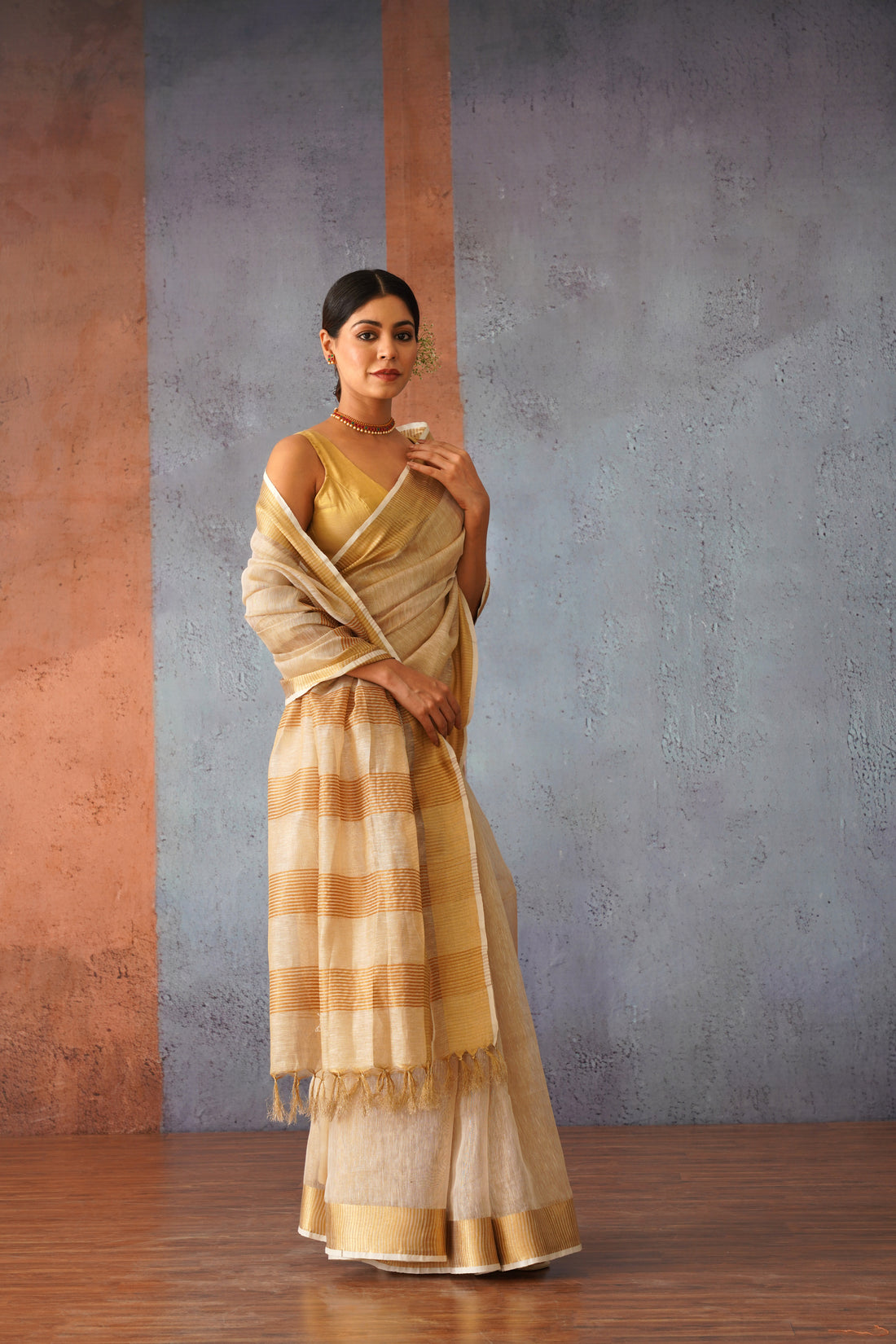 Beige & Gold Handloom Tissue Linen Sari