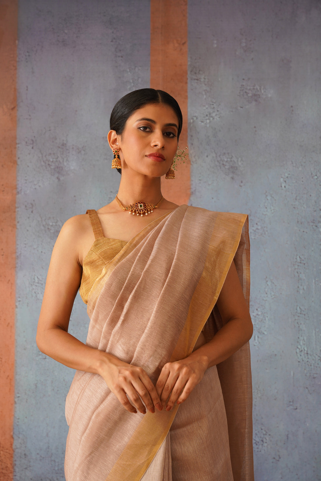 Mauve Linen Silk Handloom Sari with Gold Zari