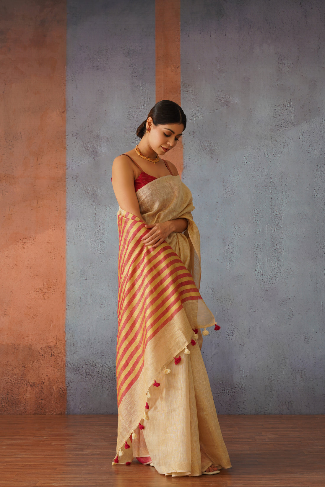 Beige Tissue Linen Sari with Red Gold Stripe Pallu