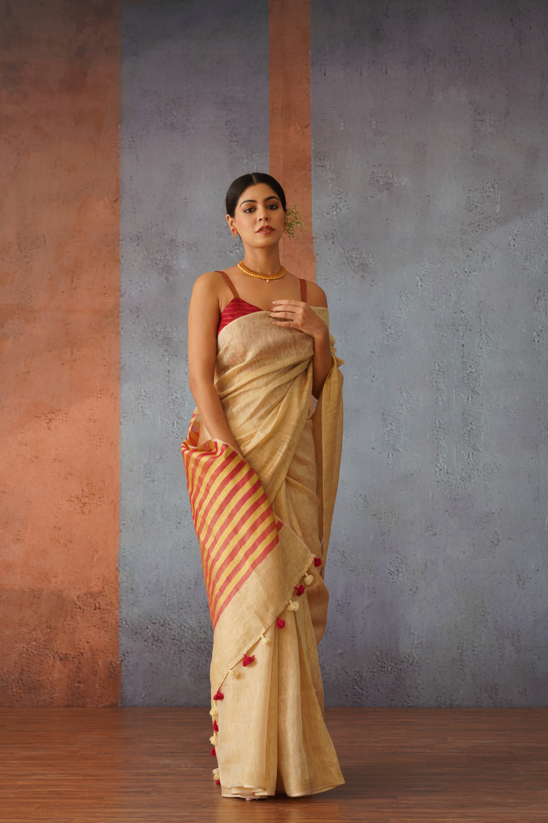 Beige Tissue Linen Sari with Red Gold Stripe Pallu