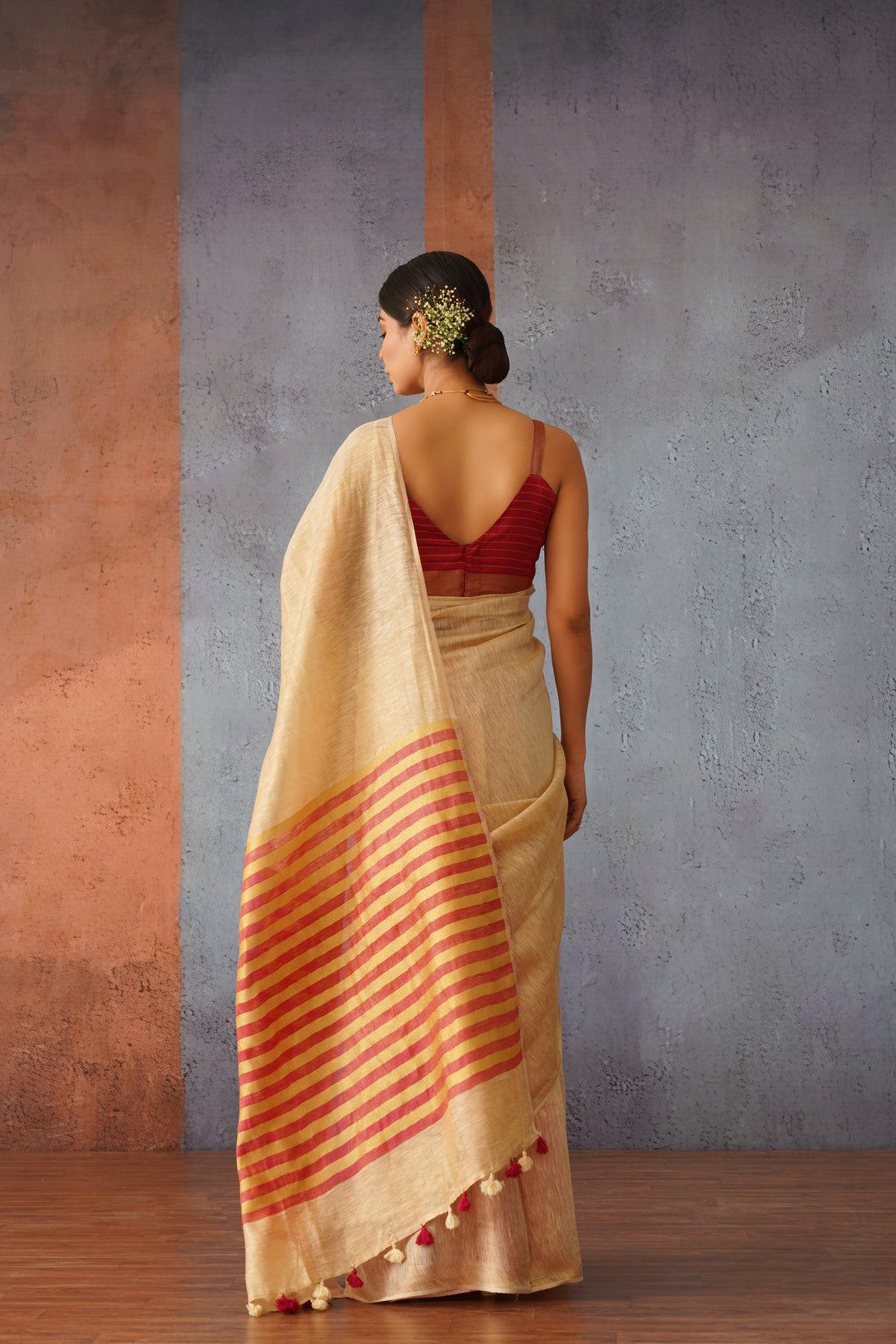 Beige Tissue Linen Sari with Red Gold Stripe Pallu