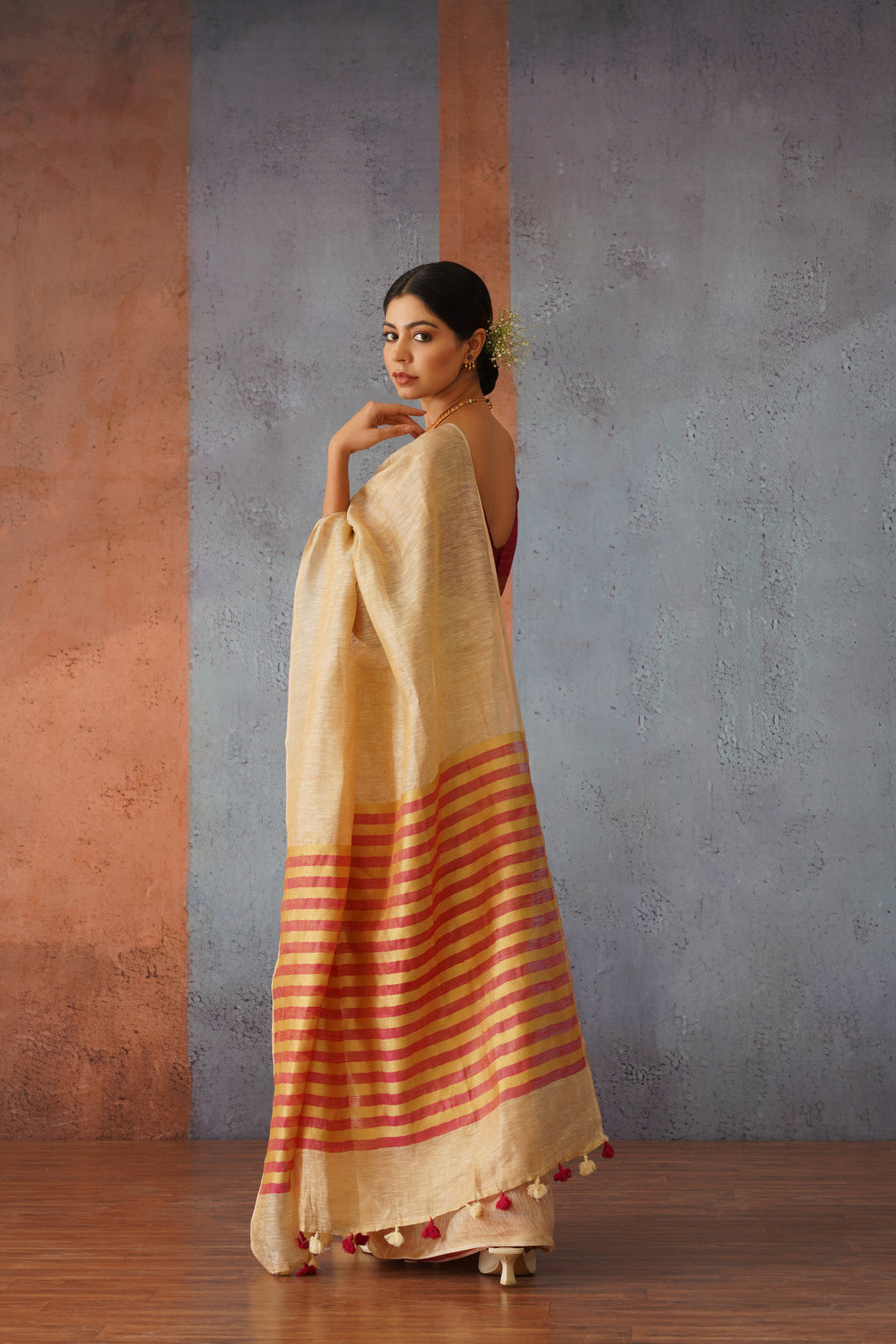 Beige Tissue Linen Sari with Red Gold Stripe Pallu