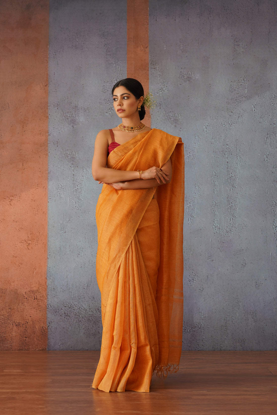 Rust Orange Linen Silk Sari with Golden Zari