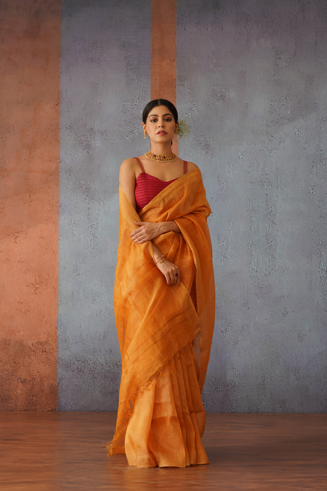 Rust Orange Linen Silk Sari with Golden Zari