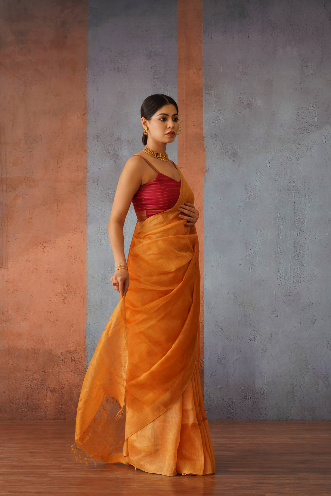 Rust Orange Linen Silk Sari with Golden Zari