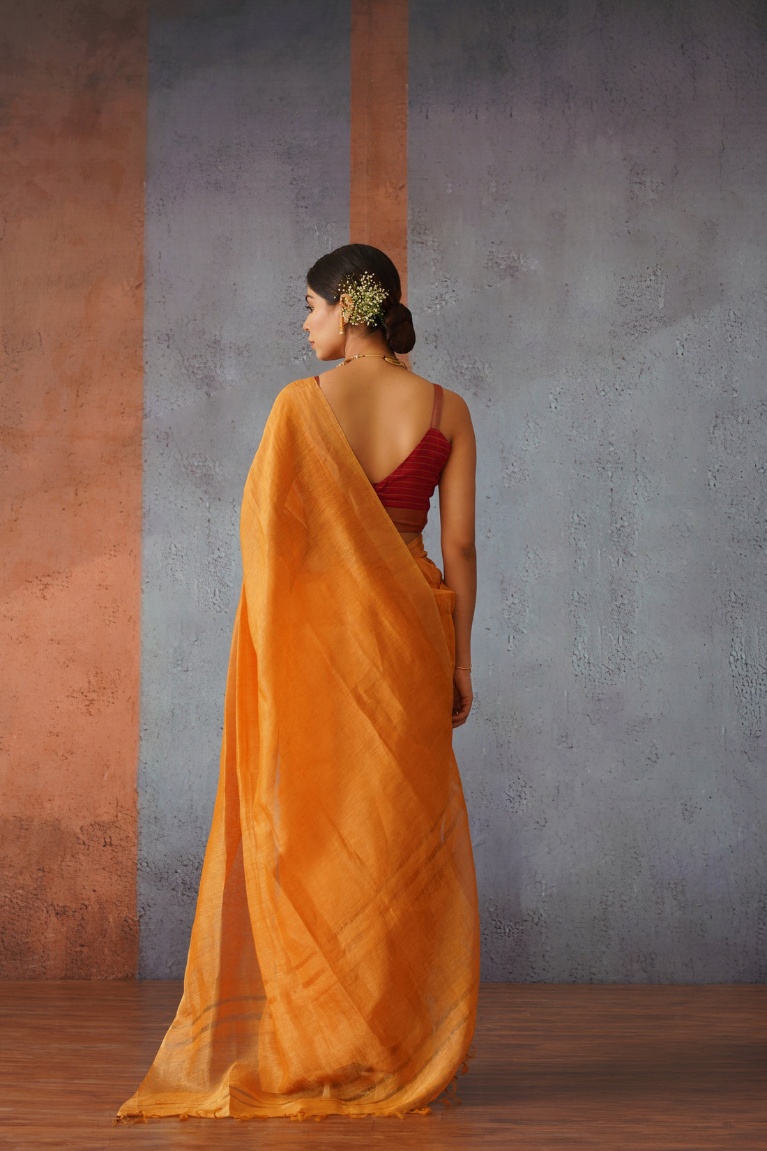 Rust Orange Linen Silk Sari with Golden Zari