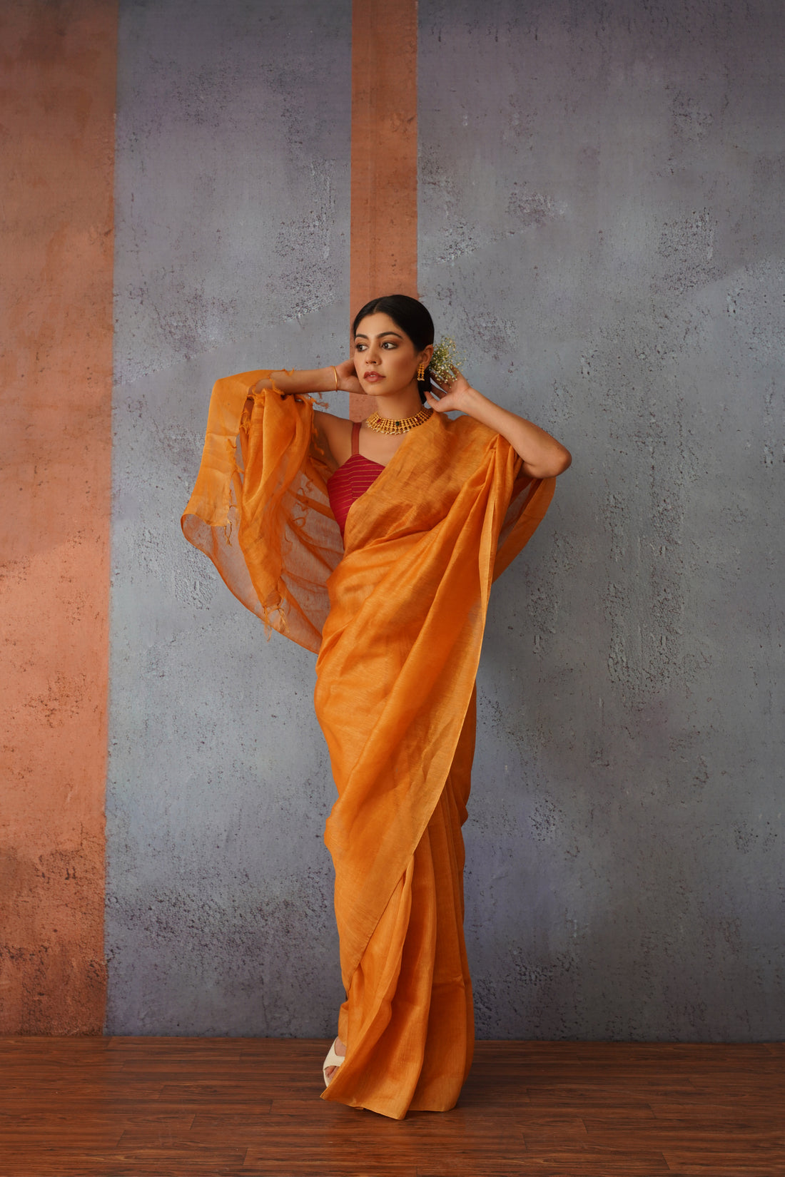 Rust Orange Linen Silk Sari with Golden Zari