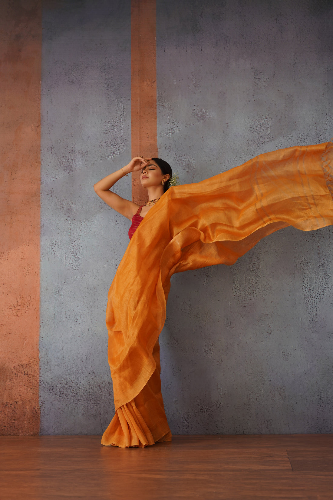 Rust Orange Linen Silk Sari with Golden Zari