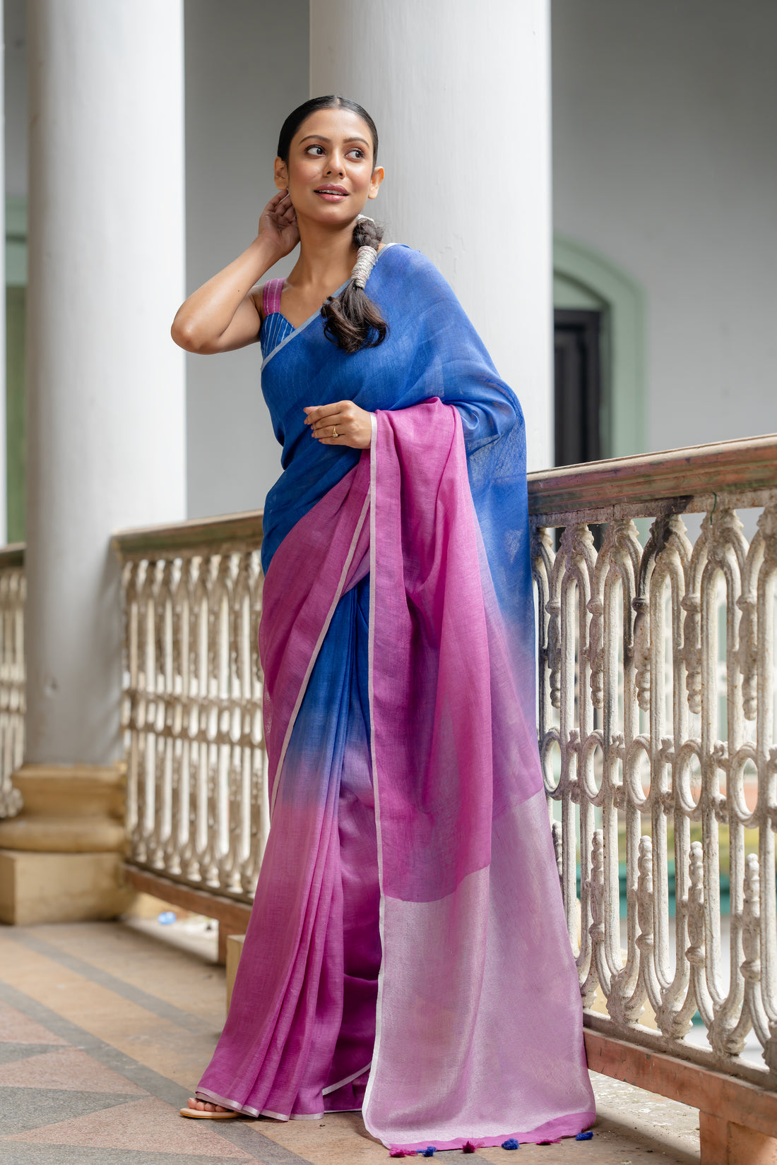 Urvashi Ombre Blue Purple Linen Sari