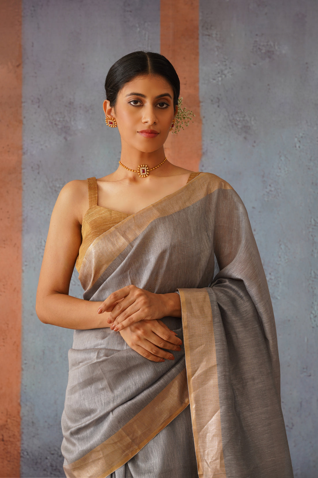 Grey Linen Silk Sari with Striking Gold Zari Pallu