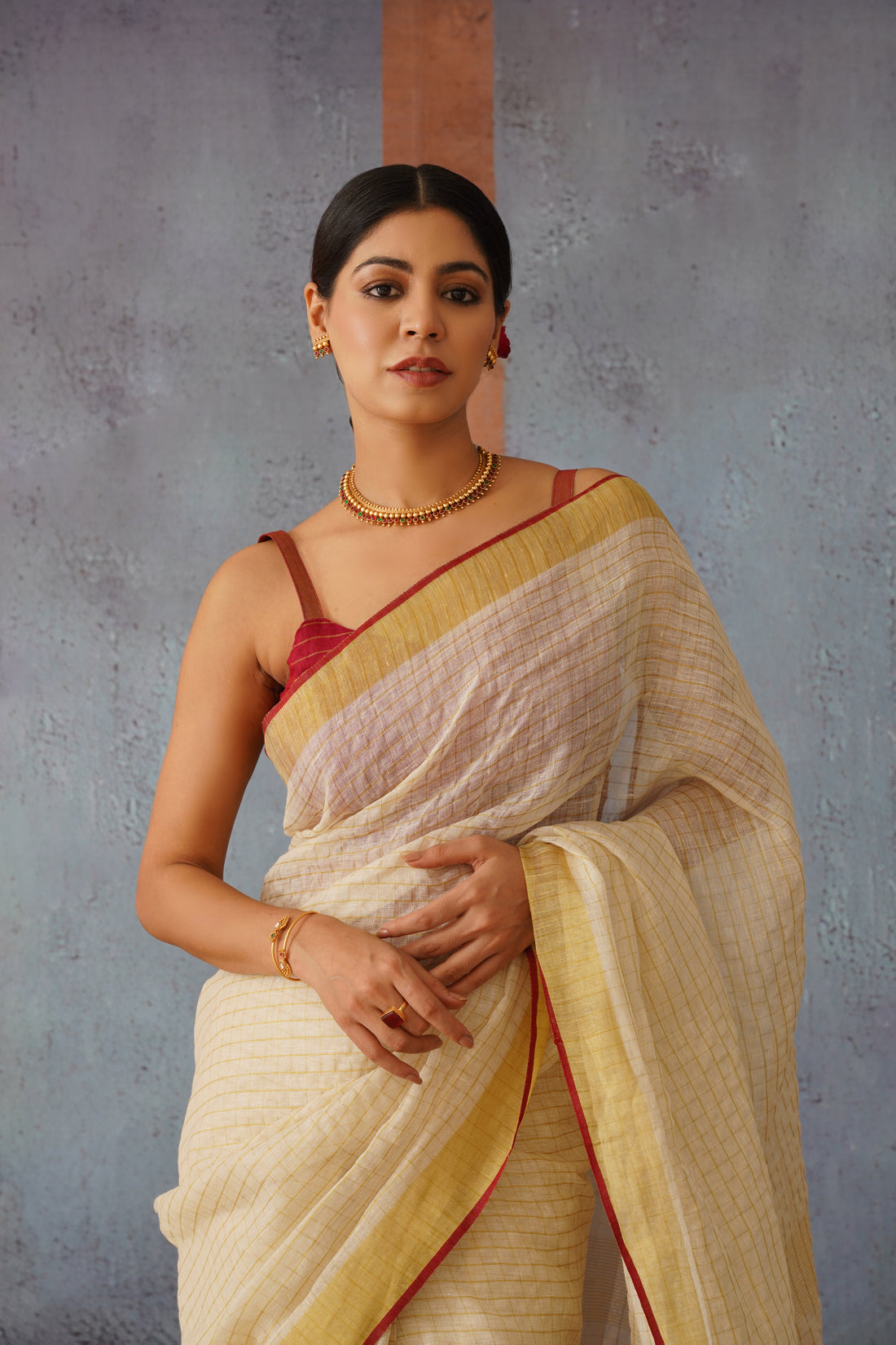 Off White Checks Linen Zari Sari