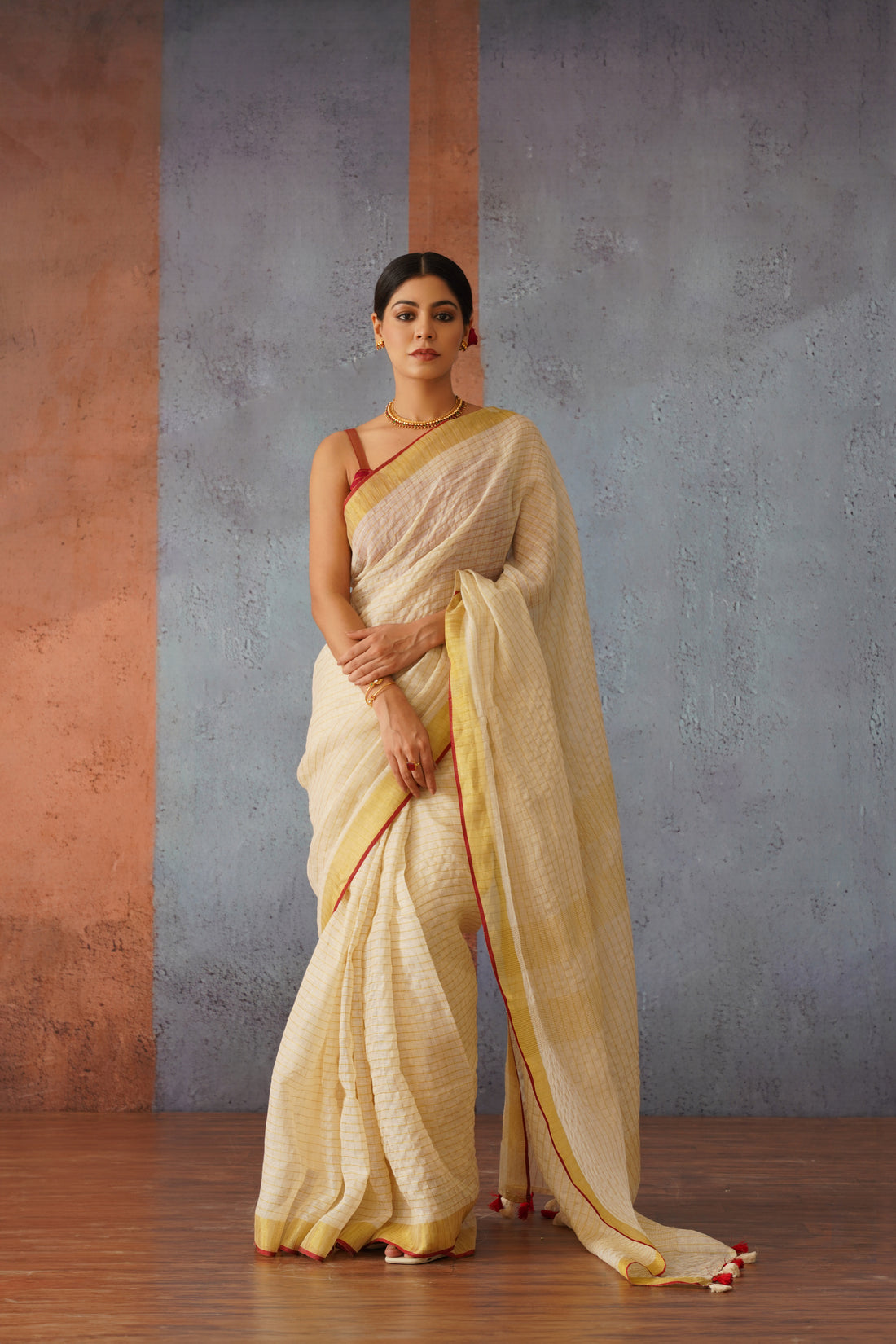 Off White Checks Linen Zari Sari