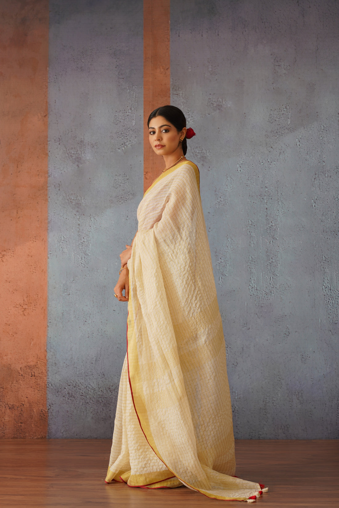 Off White Checks Linen Zari Sari