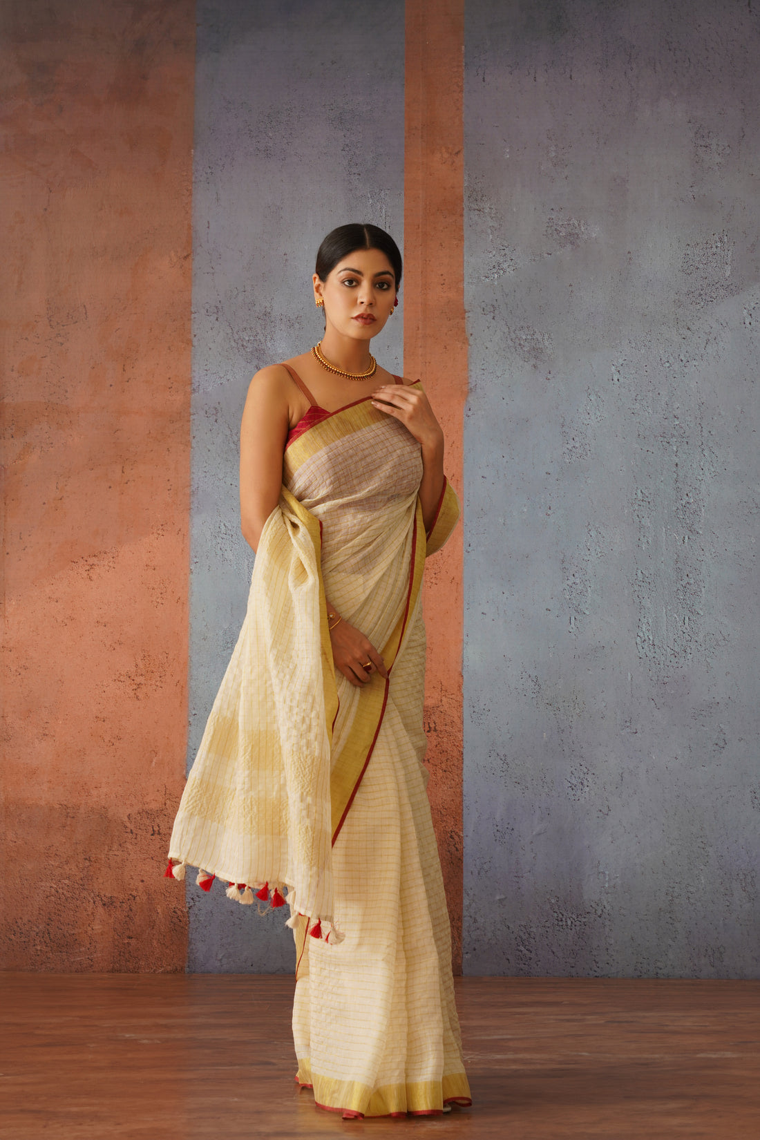 Off White Checks Linen Zari Sari