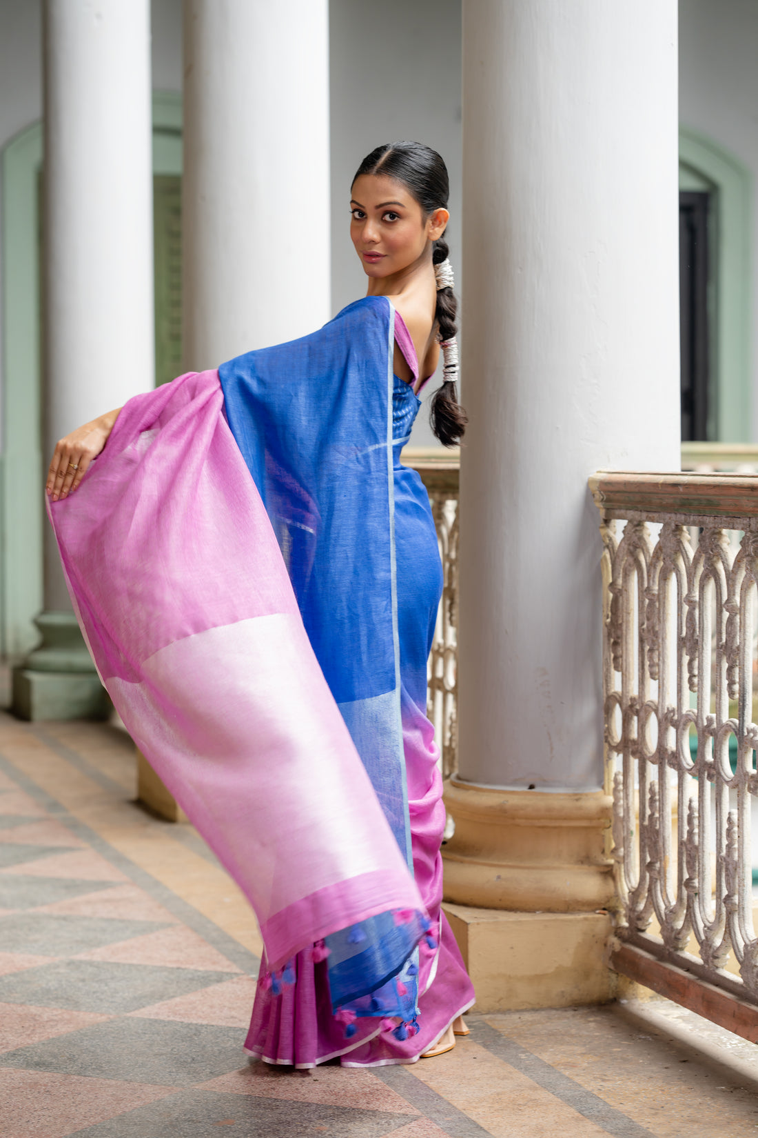 Urvashi Ombre Blue Purple Linen Sari