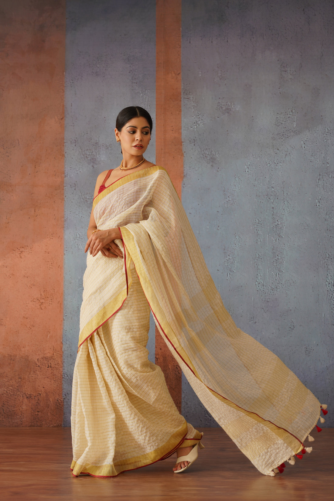 Off White Checks Linen Zari Sari