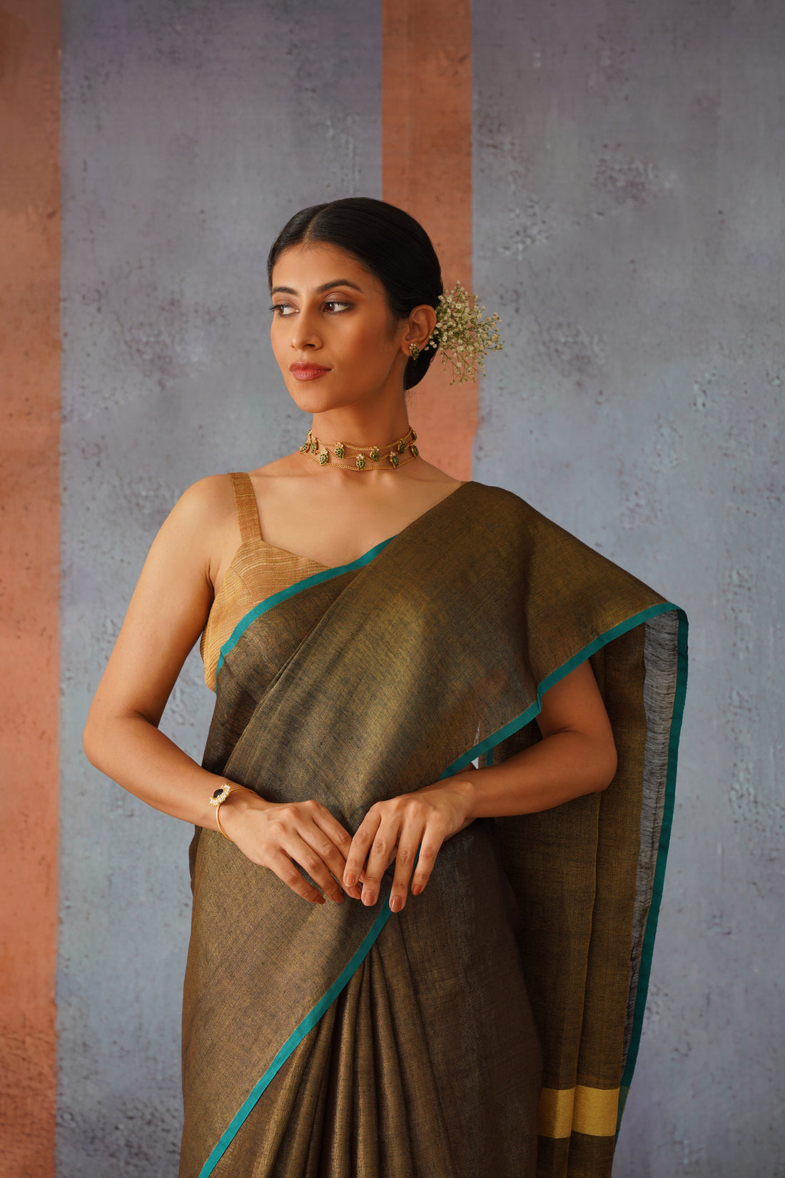 Bronze Tissue Linen Sari with Gold Stripes