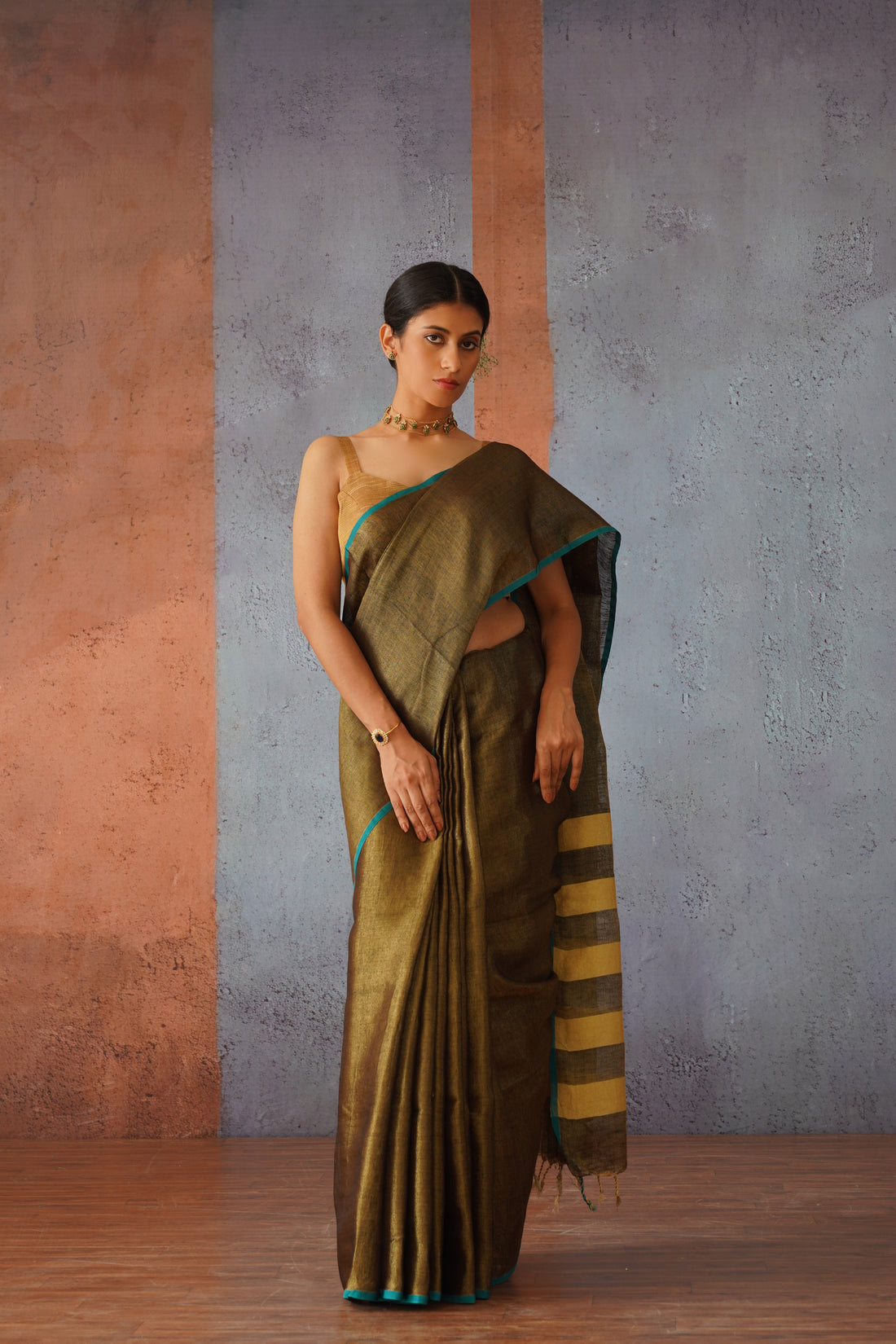 Bronze Tissue Linen Sari with Gold Stripes