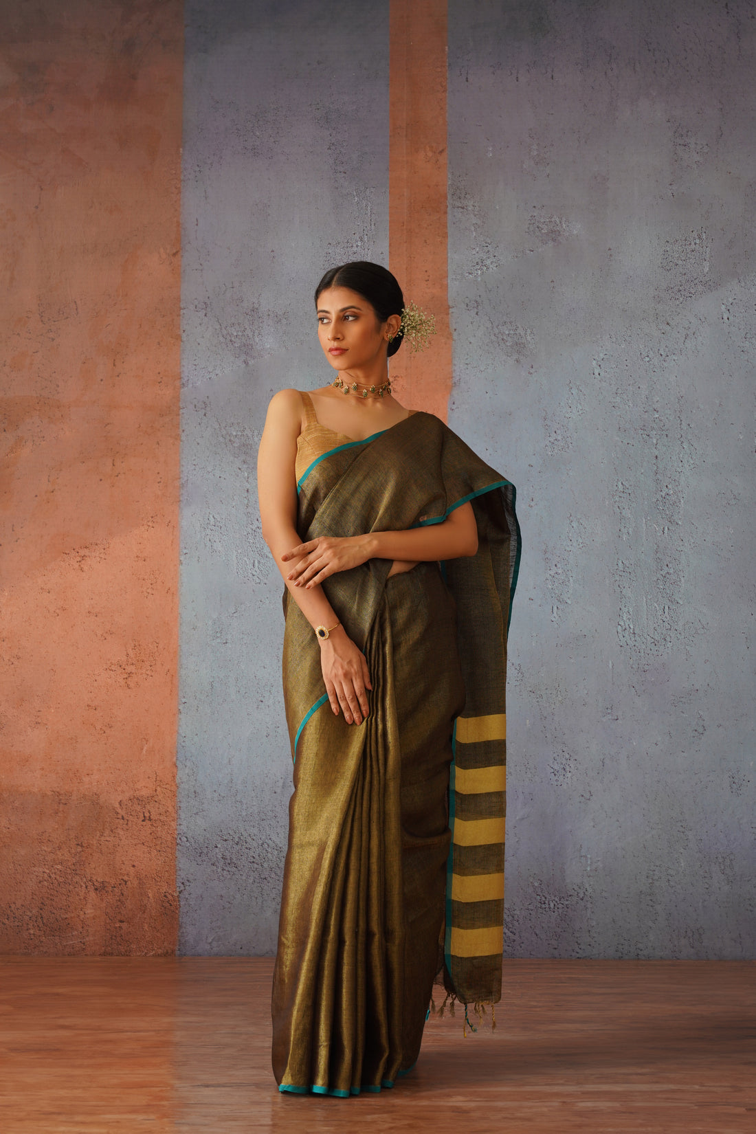 Bronze Tissue Linen Sari with Gold Stripes