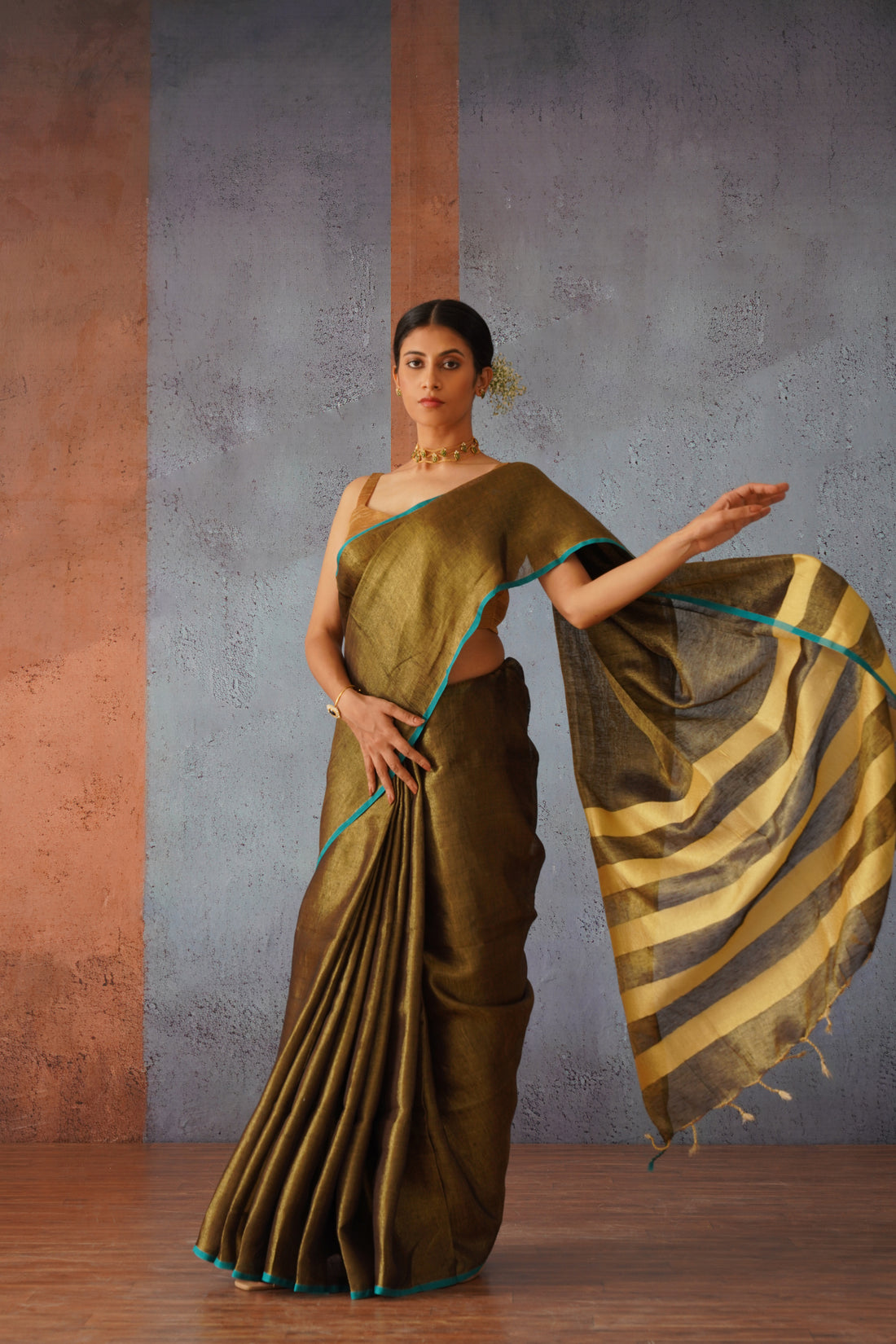 Bronze Tissue Linen Sari with Gold Stripes