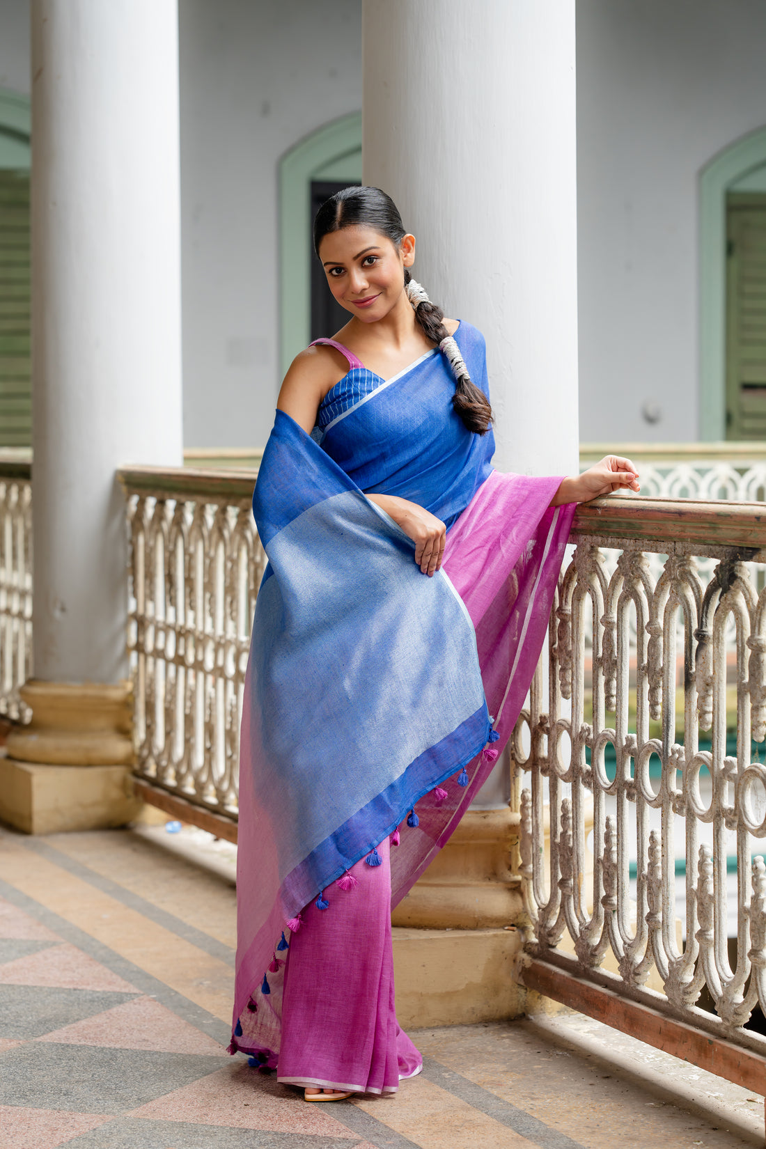 Urvashi Ombre Blue Purple Linen Sari