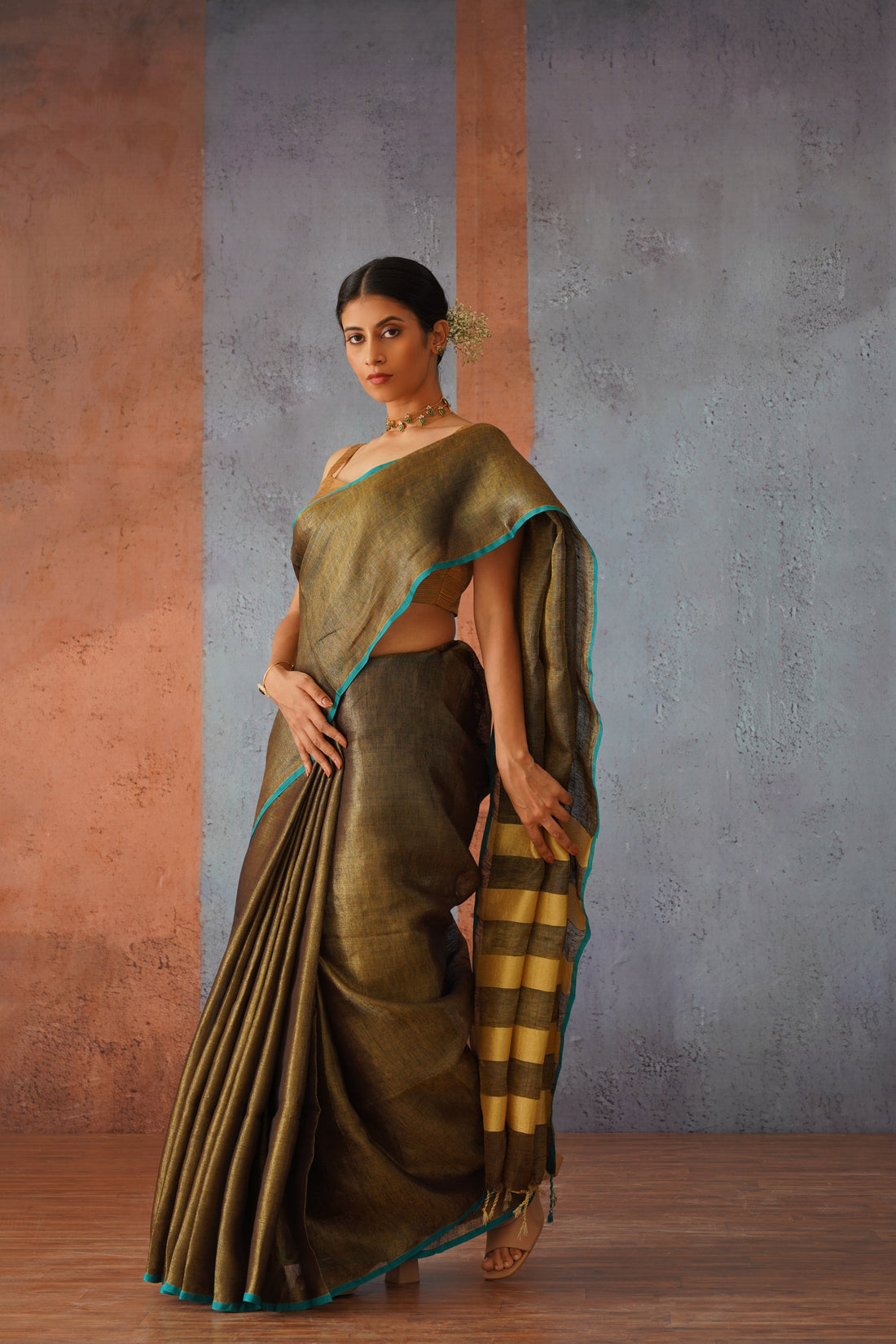 Bronze Tissue Linen Sari with Gold Stripes