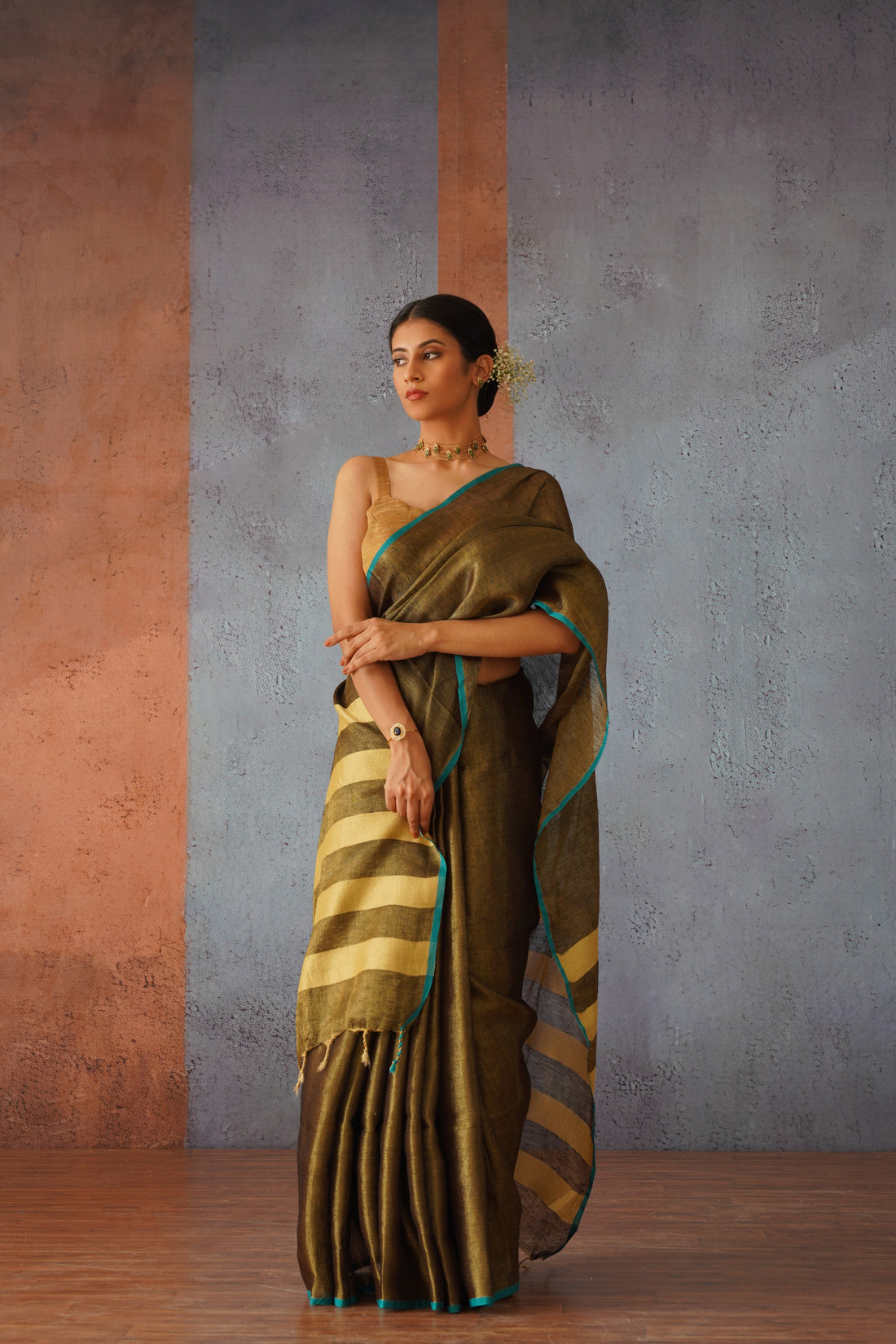 Bronze Tissue Linen Sari with Gold Stripes