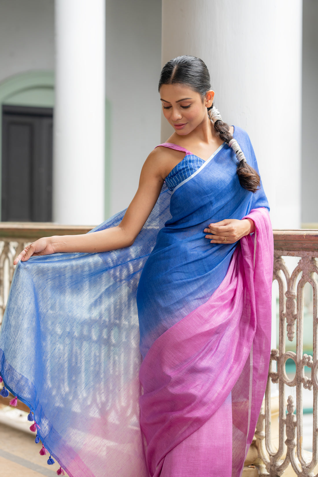 Urvashi Ombre Blue Purple Linen Sari