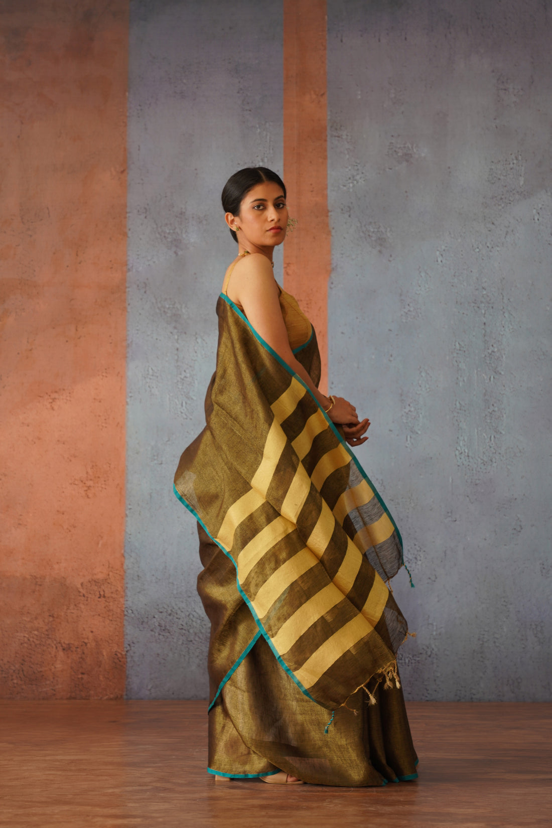 Bronze Tissue Linen Sari with Gold Stripes