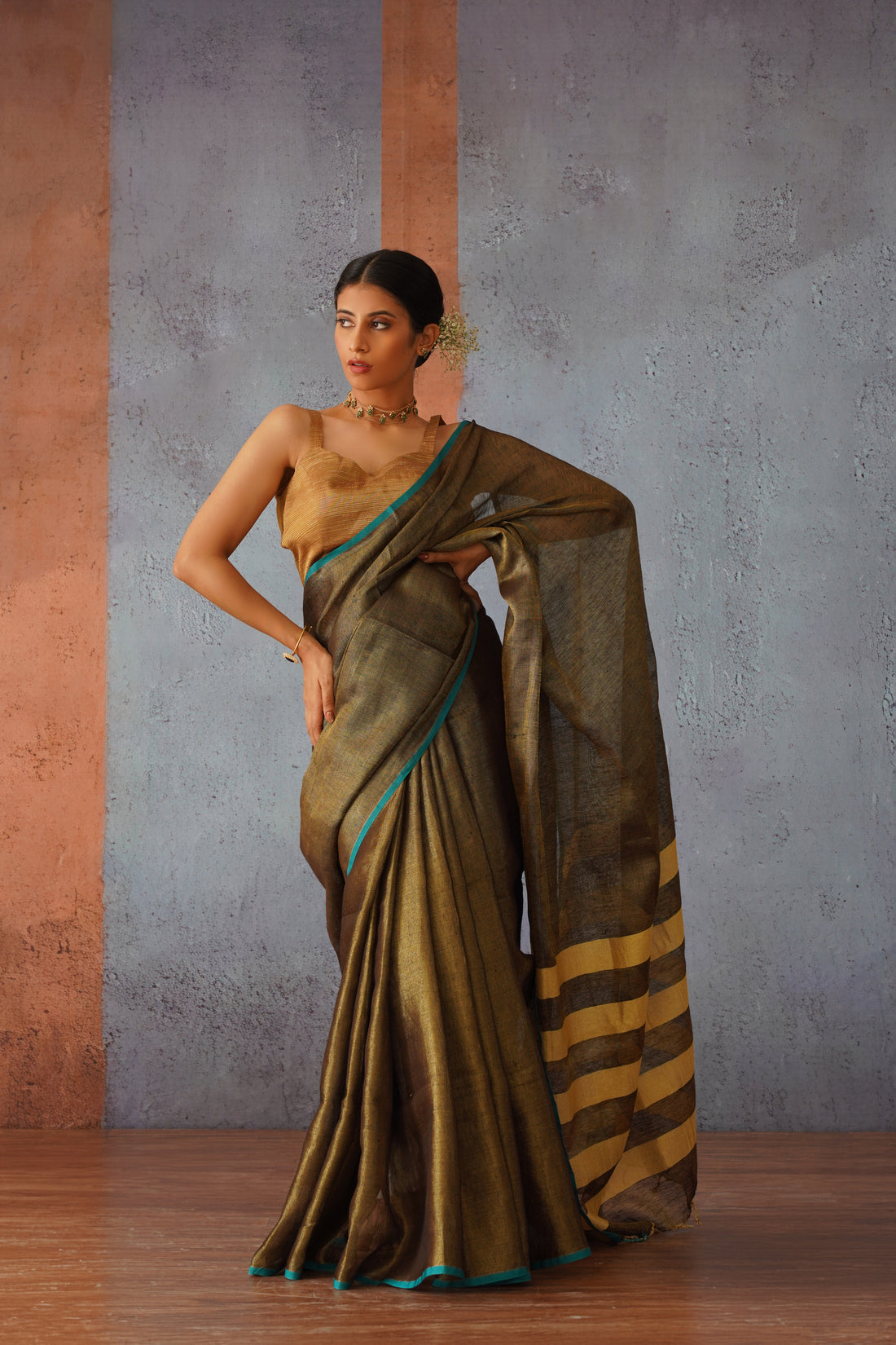 Bronze Tissue Linen Sari with Gold Stripes