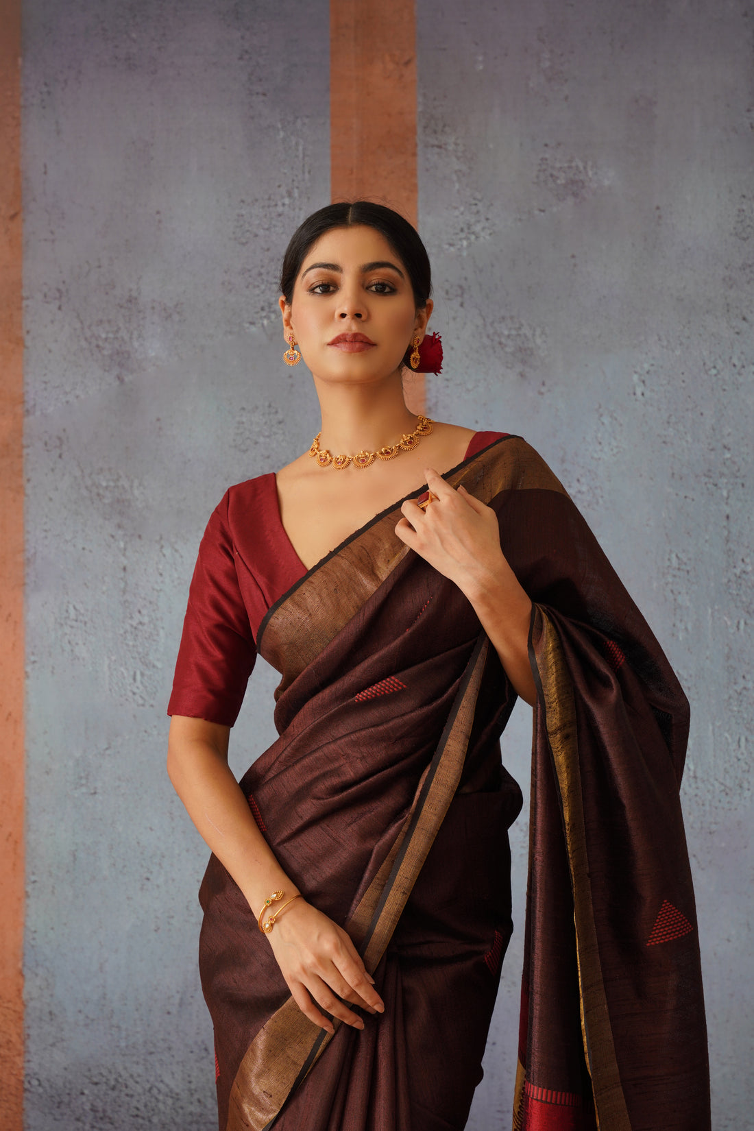 Coffee Raw Silk Sari with Striking Golden & Maroon Pallu