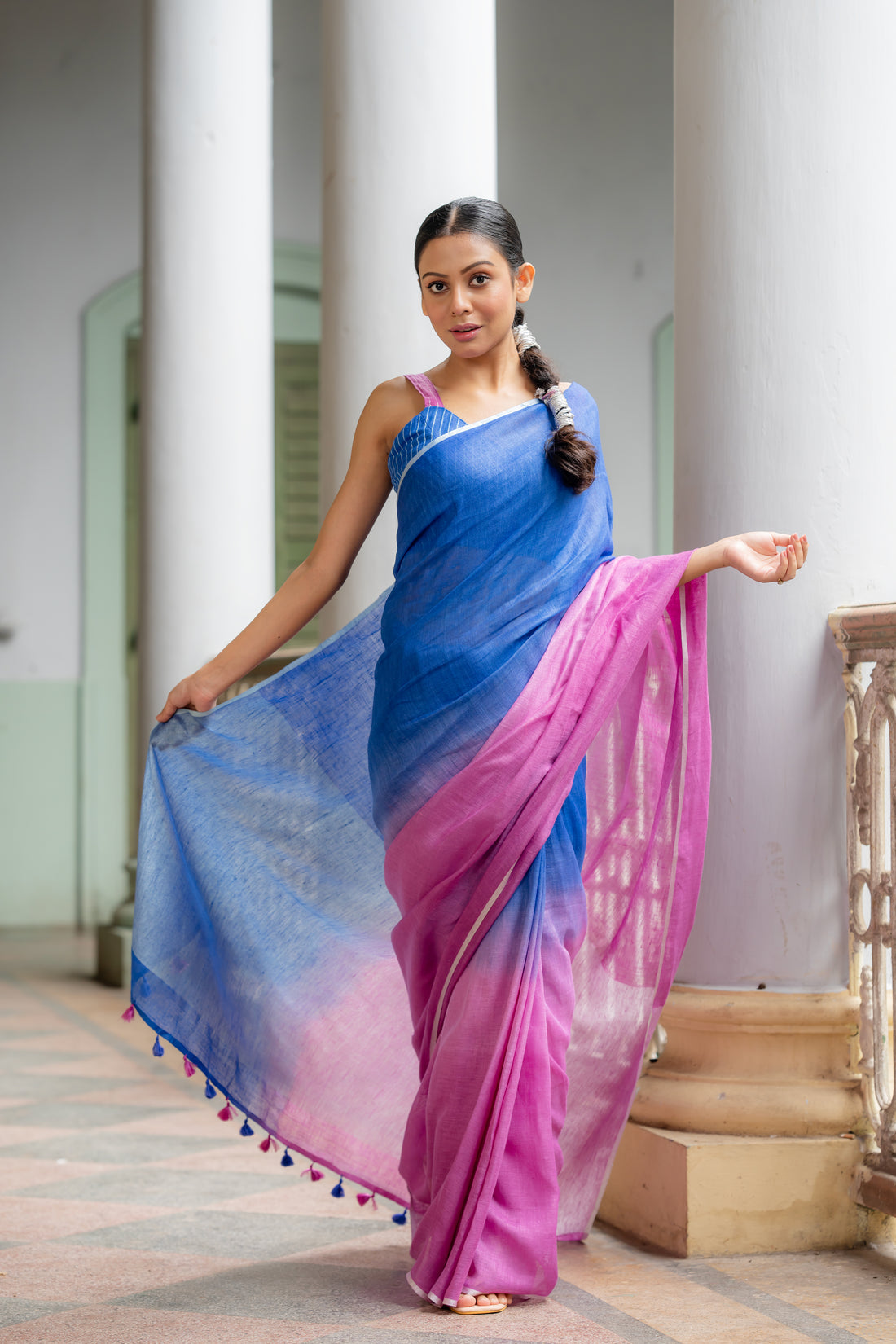 Urvashi Ombre Blue Purple Linen Sari