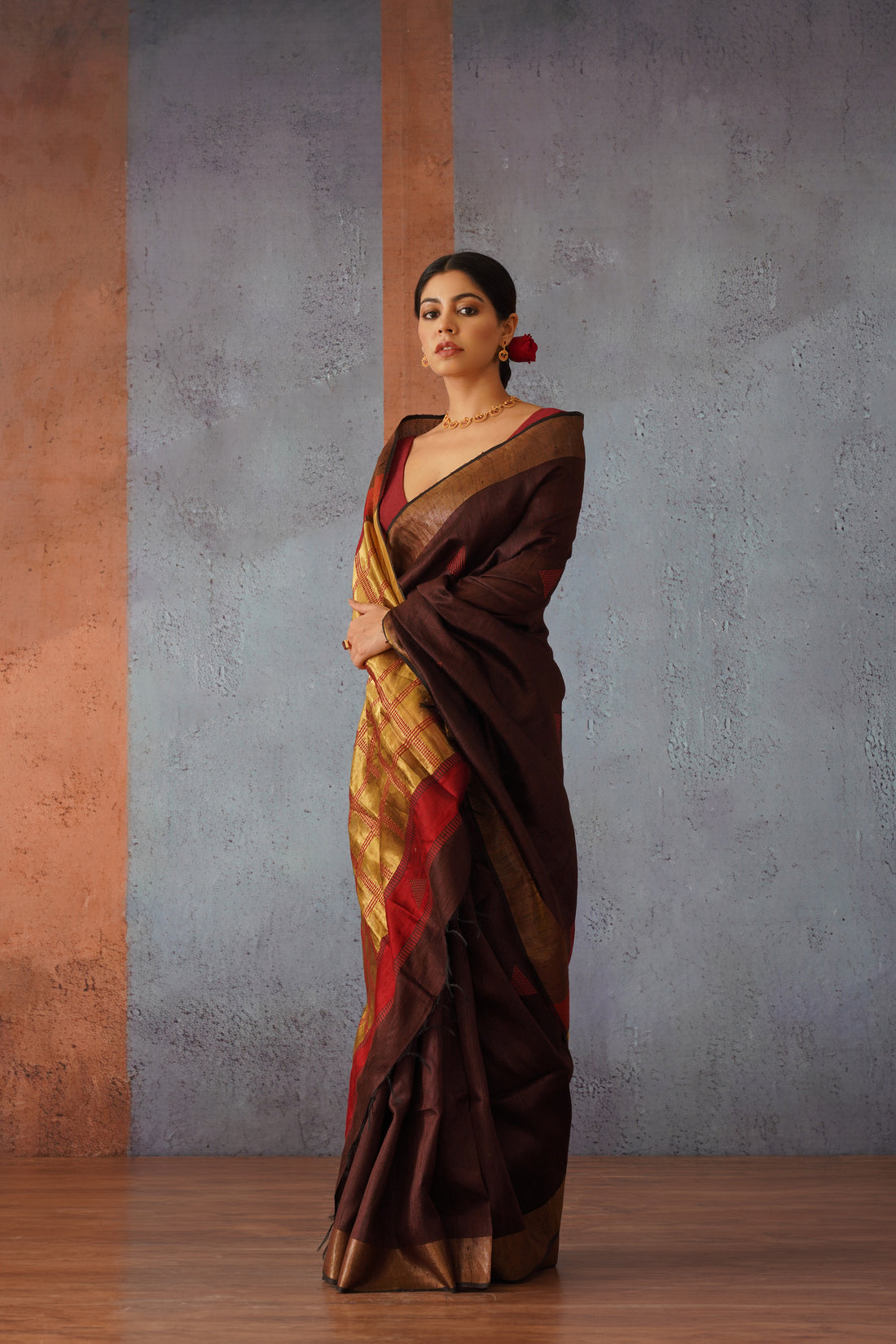 Coffee Raw Silk Sari with Striking Golden & Maroon Pallu