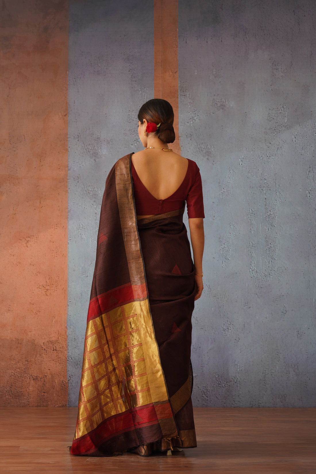 Coffee Raw Silk Sari with Striking Golden & Maroon Pallu