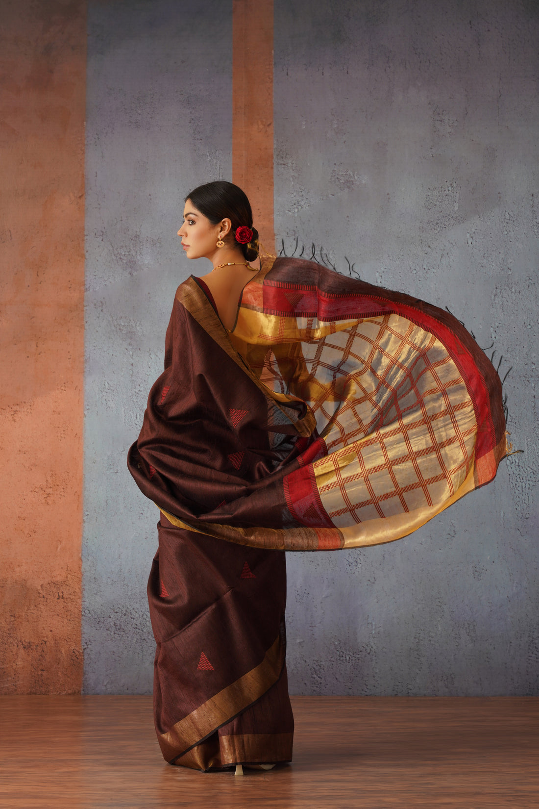 Coffee Raw Silk Sari with Striking Golden & Maroon Pallu