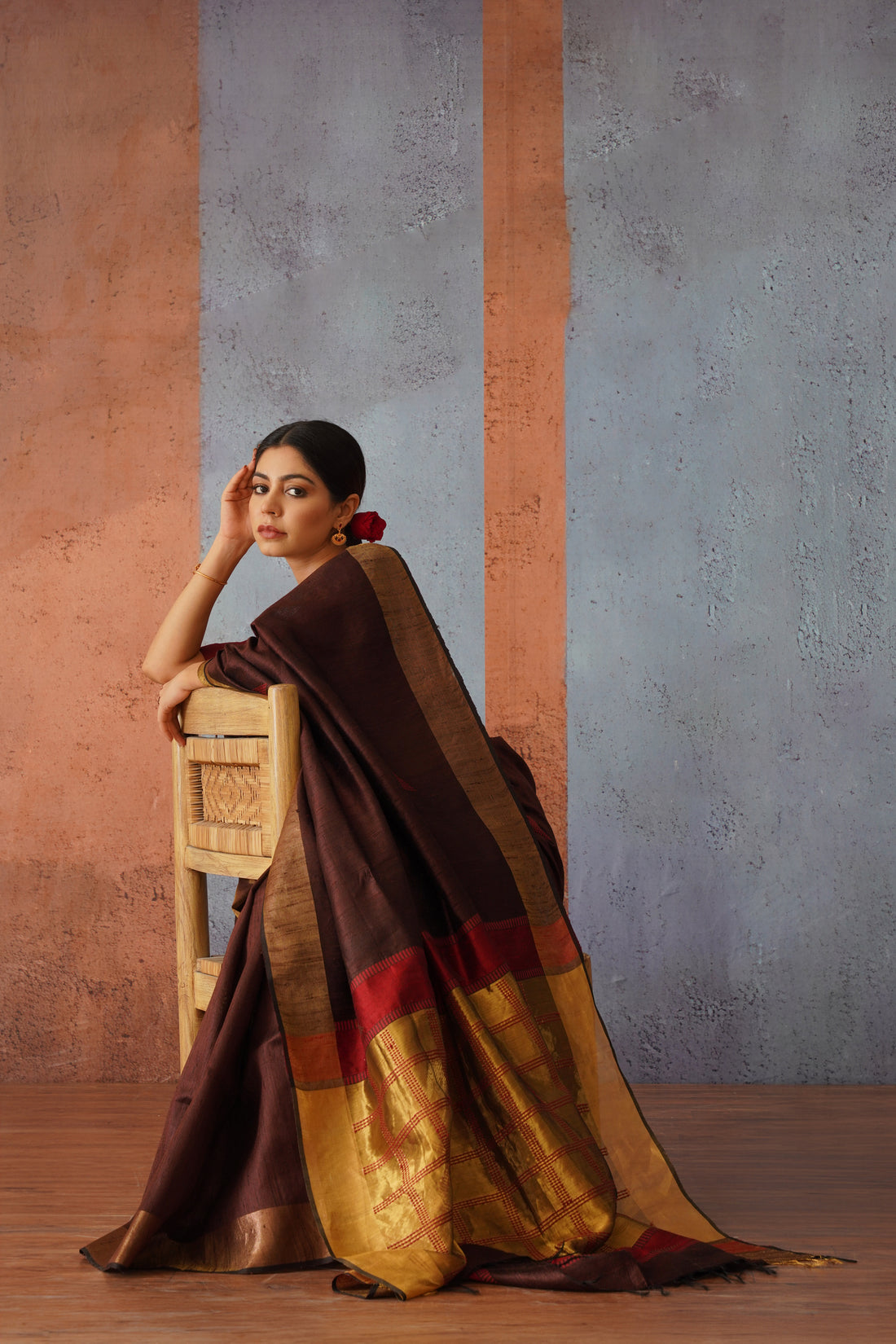 Coffee Raw Silk Sari with Striking Golden & Maroon Pallu