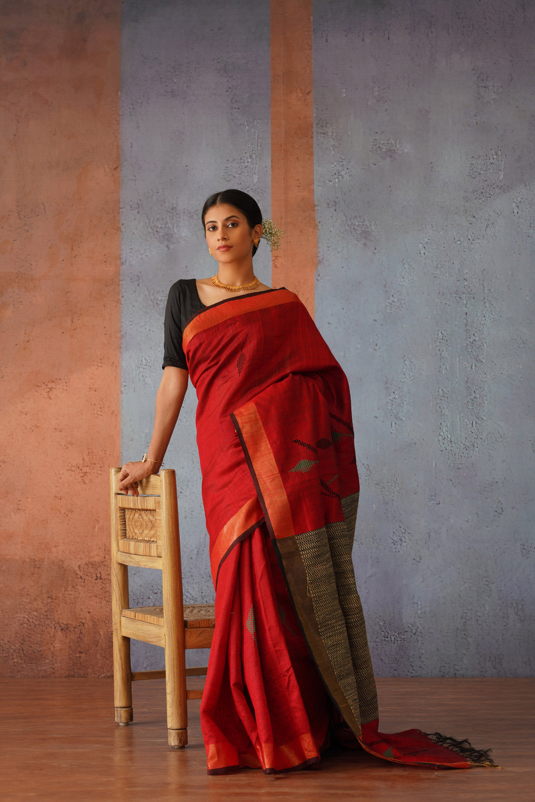 Raw Silk Maroon & Black Handwoven Sari