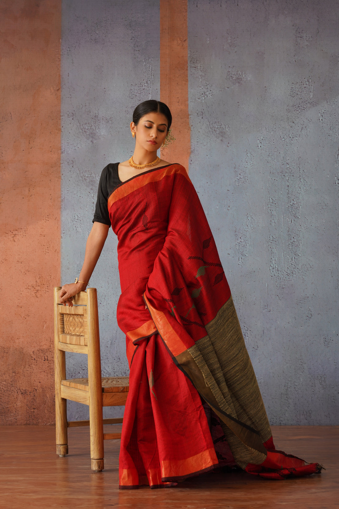 Raw Silk Maroon & Black Handwoven Sari