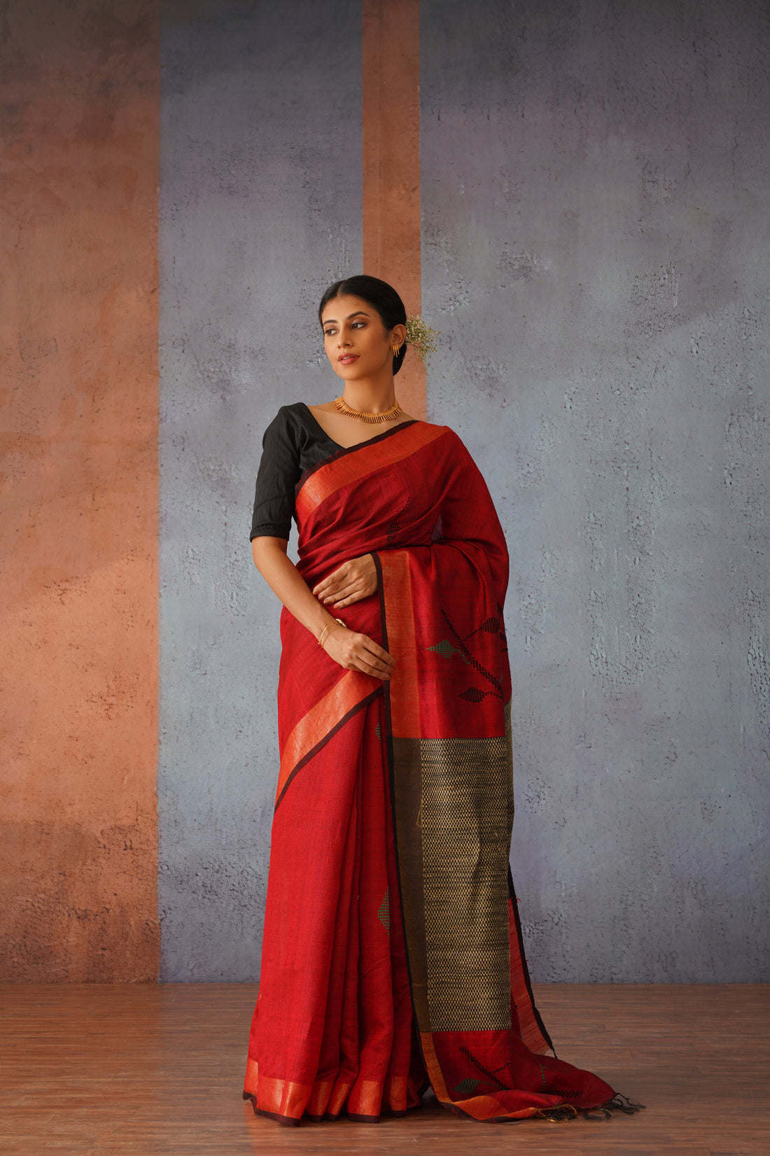 Raw Silk Maroon & Black Handwoven Sari