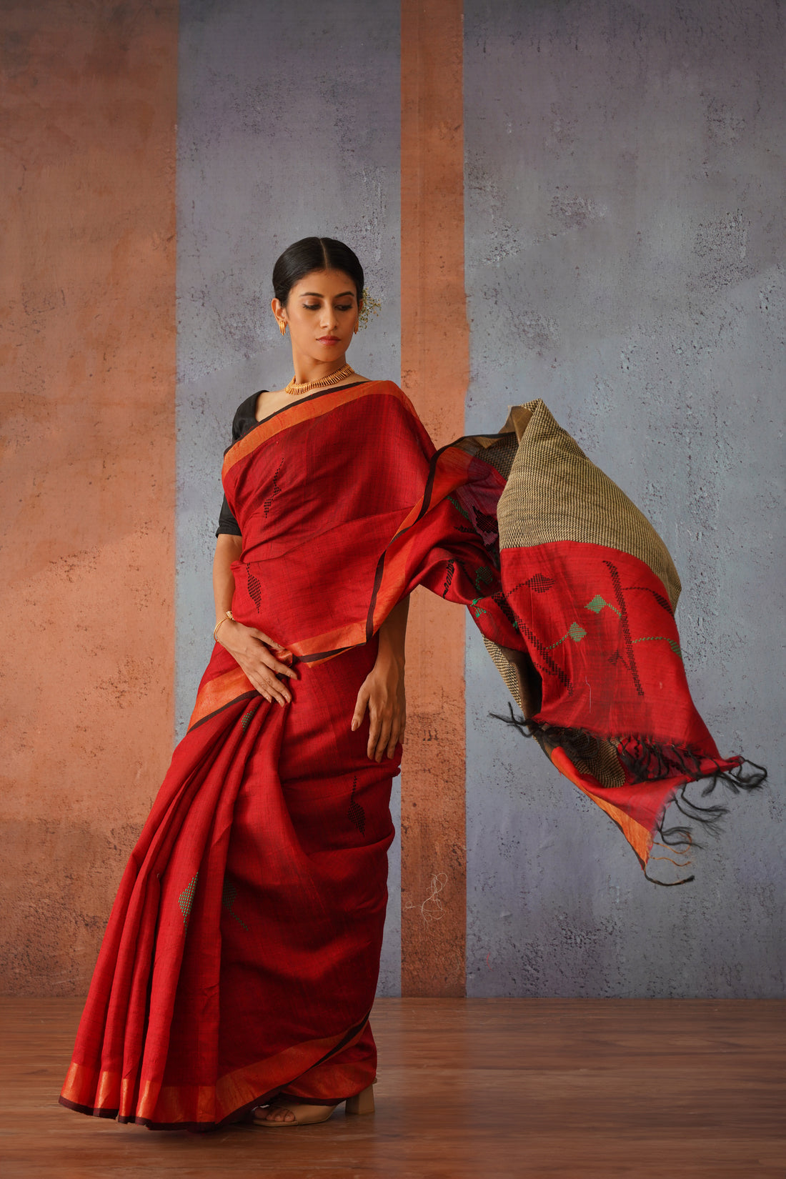 Raw Silk Maroon & Black Handwoven Sari