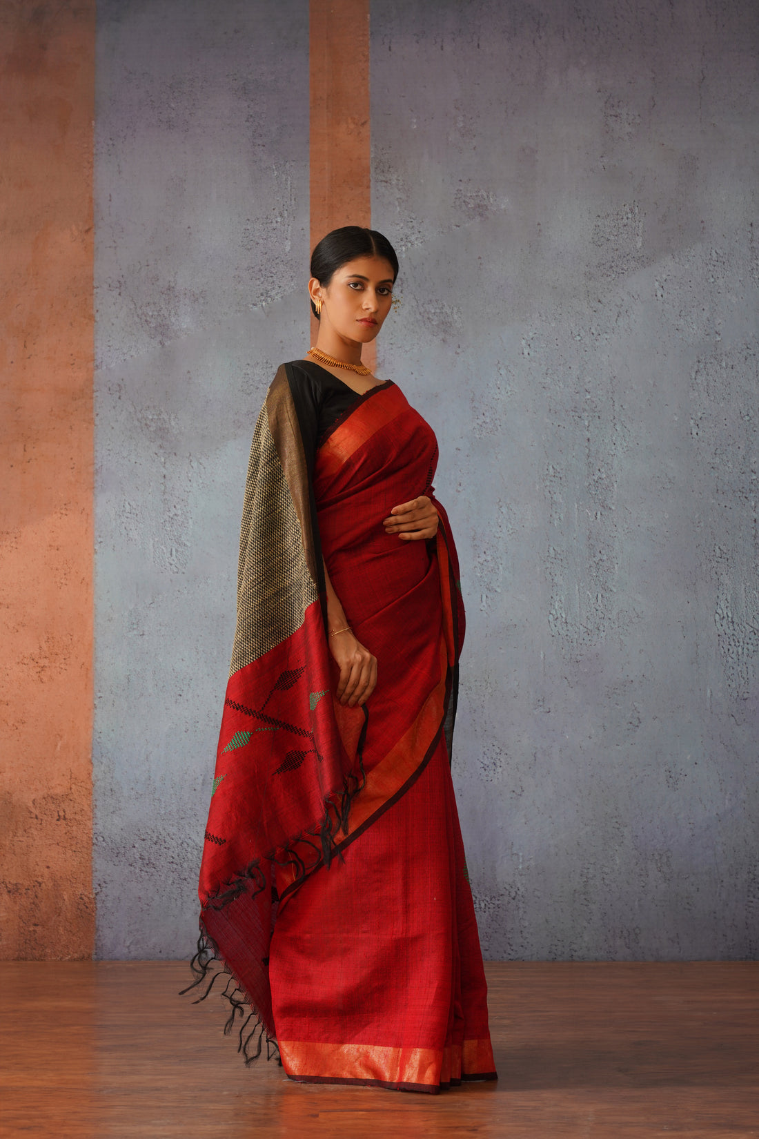 Raw Silk Maroon & Black Handwoven Sari